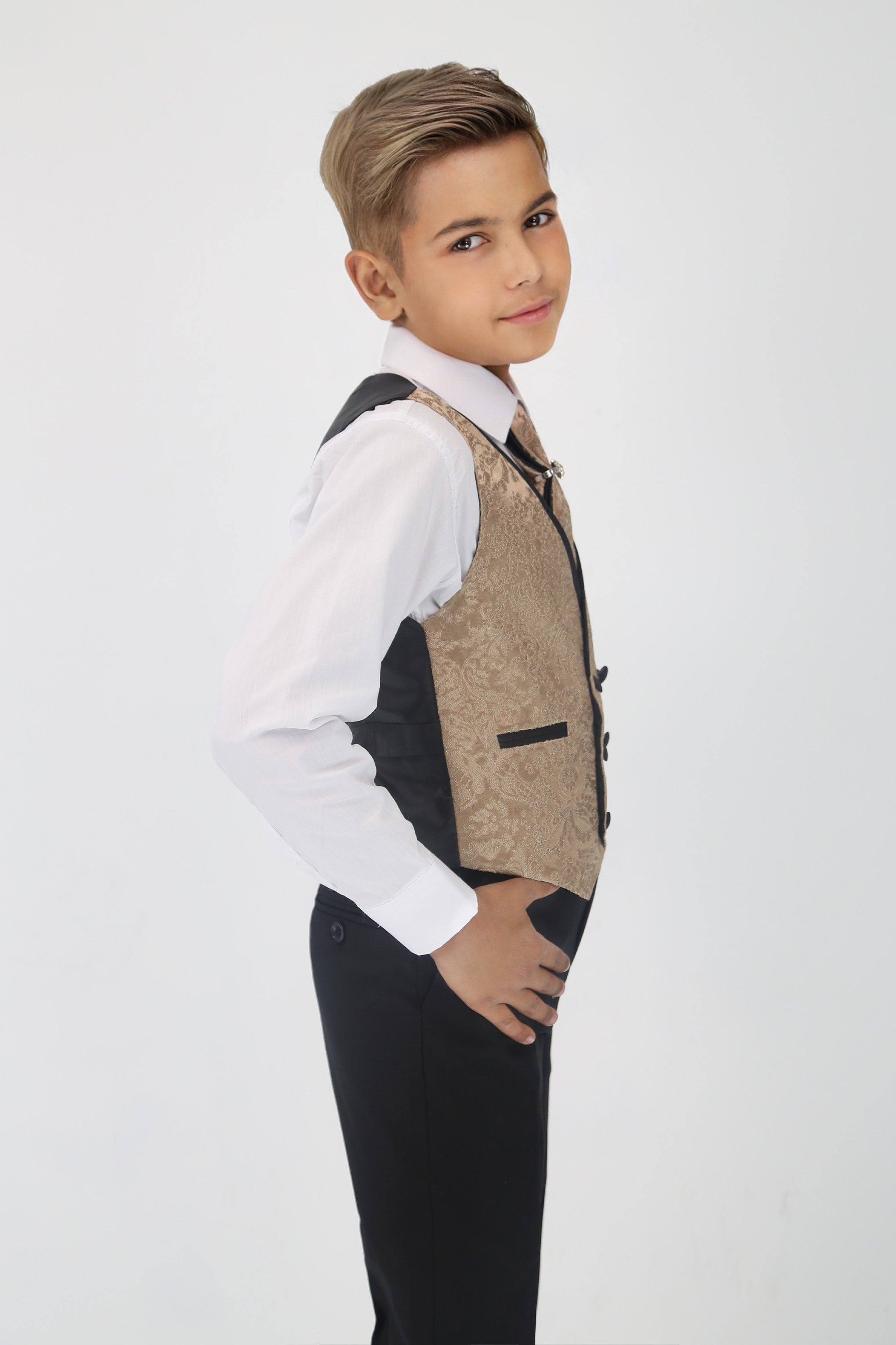 Boys Satin Lapel Paisley Floral Tuxedo Suit Set - Gold Waistcoat Side Picture