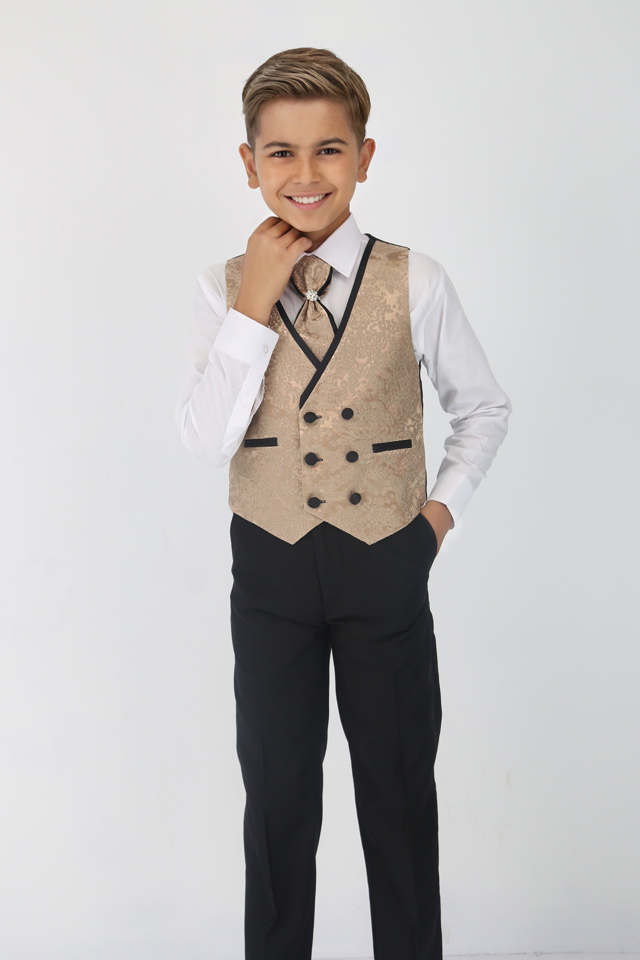 Boys Satin Lapel Paisley Floral Tuxedo Suit Set - Gold Waistcoat Front Picture