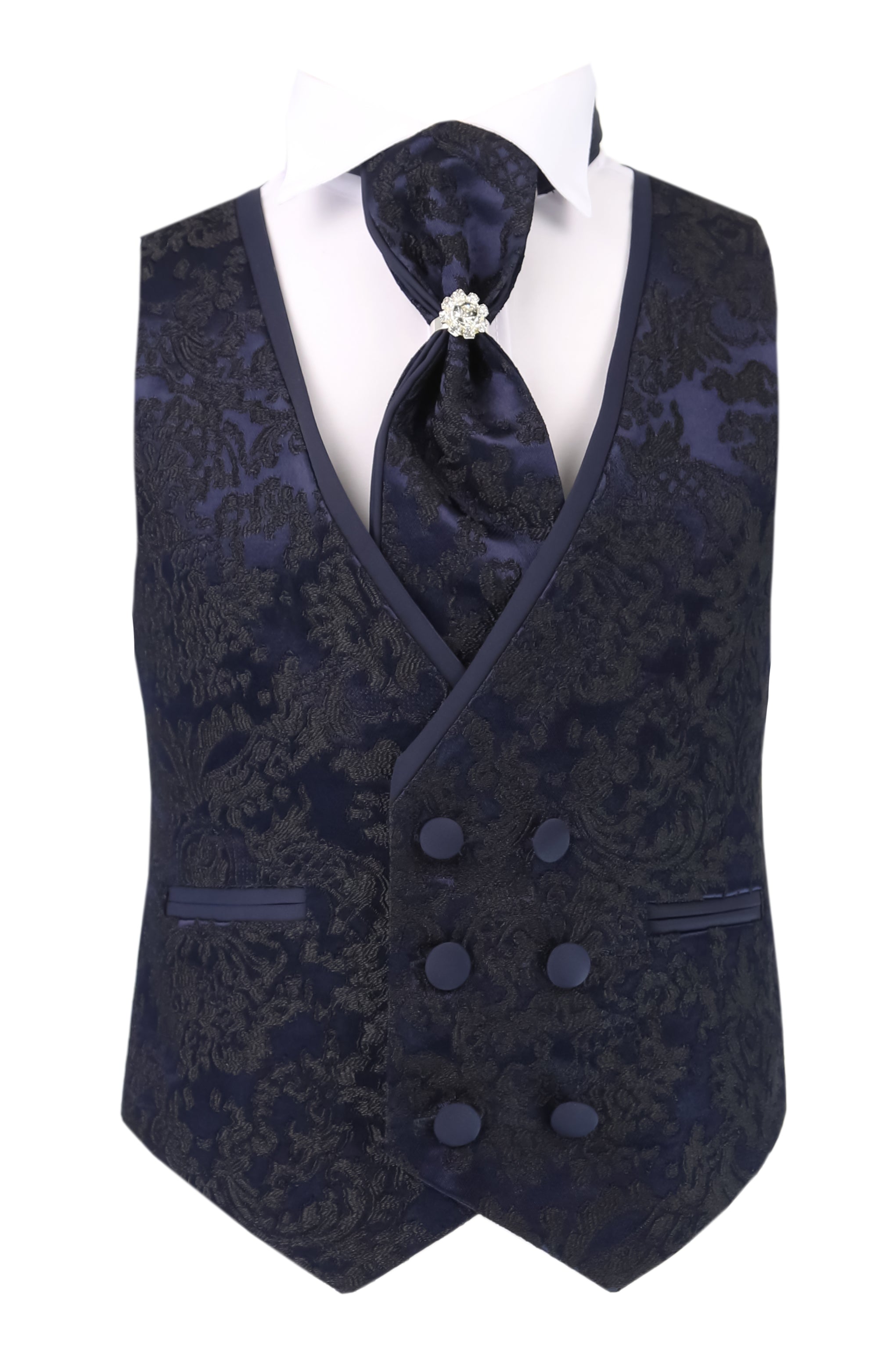 Boys Satin Lapel Paisley Floral Tuxedo Suit Set - Navy Waistcoat Front Picture