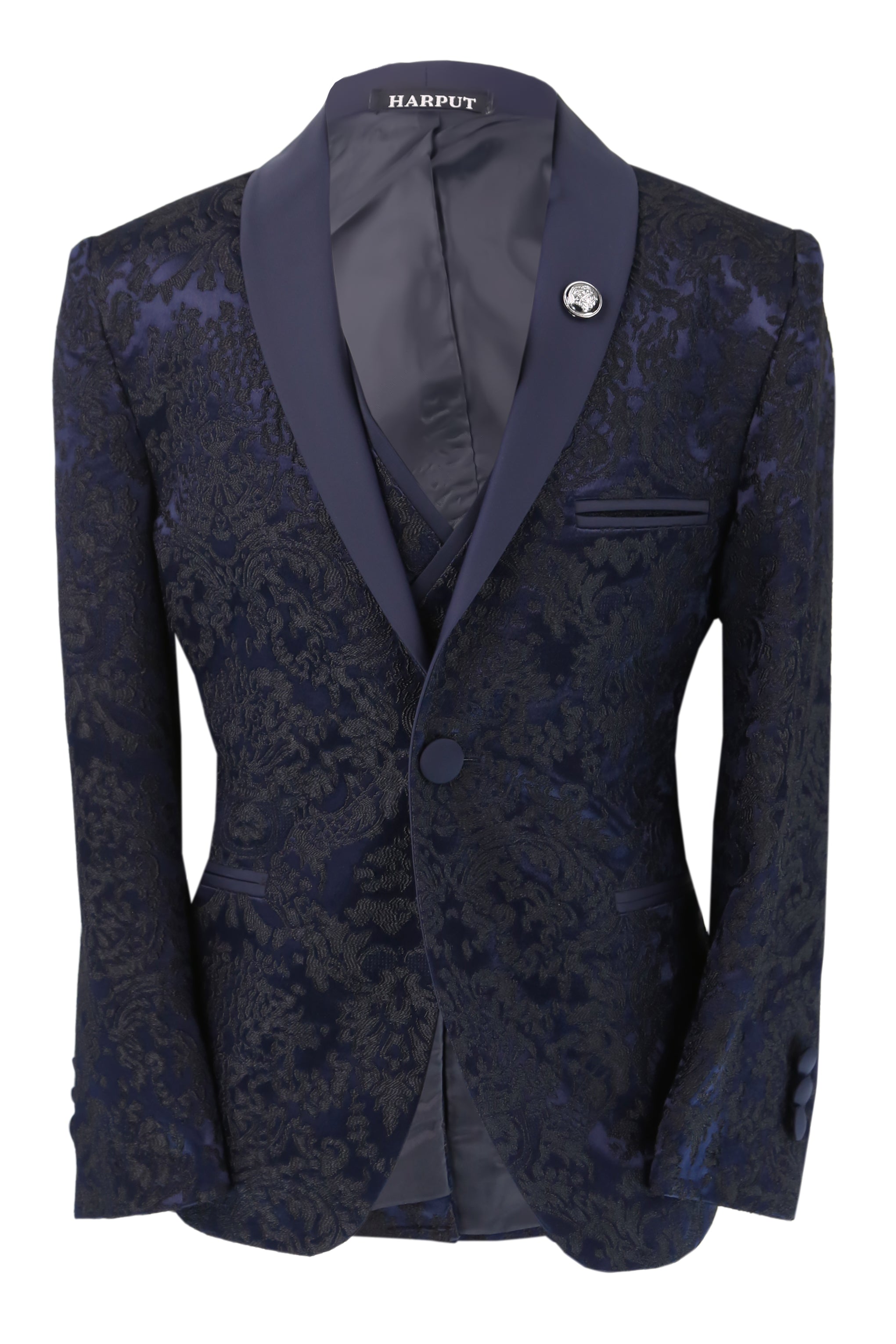 Boys Satin Lapel Paisley Floral Tuxedo Suit Set - Navy Lining Picture