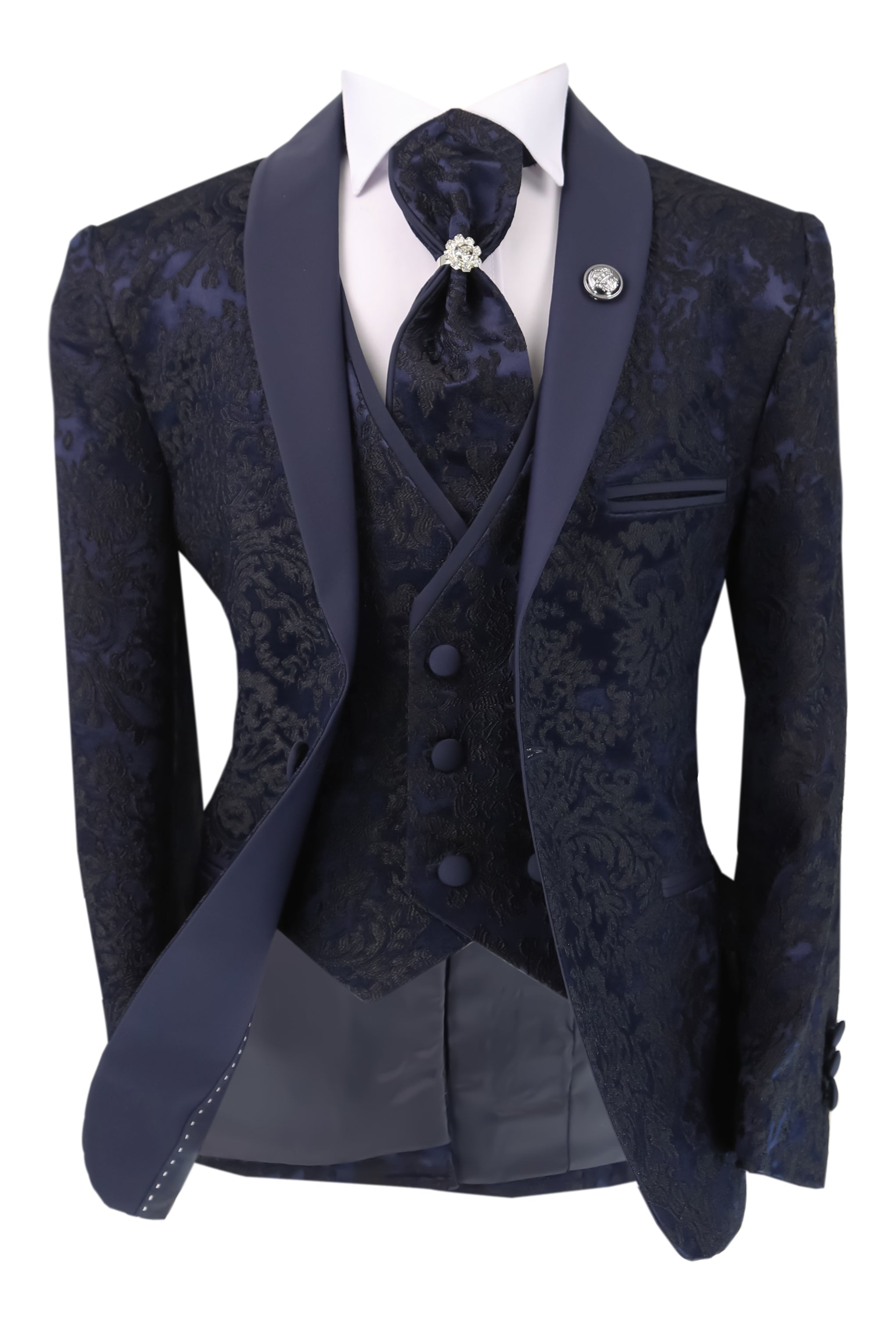 Boys Satin Lapel Paisley Floral Tuxedo Suit Set - Navy Jacket Front Open Picture