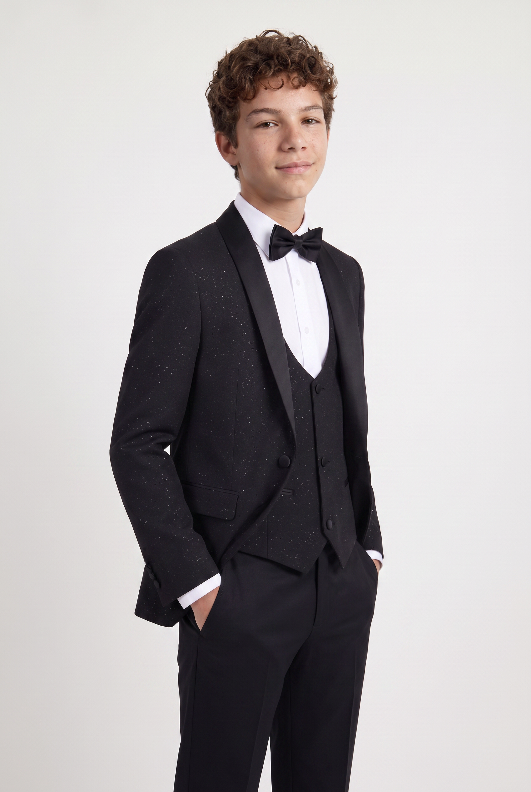 Traje de esmoquin brillante para niño con solapa de chal - de 4 y 5 piezas en Negro