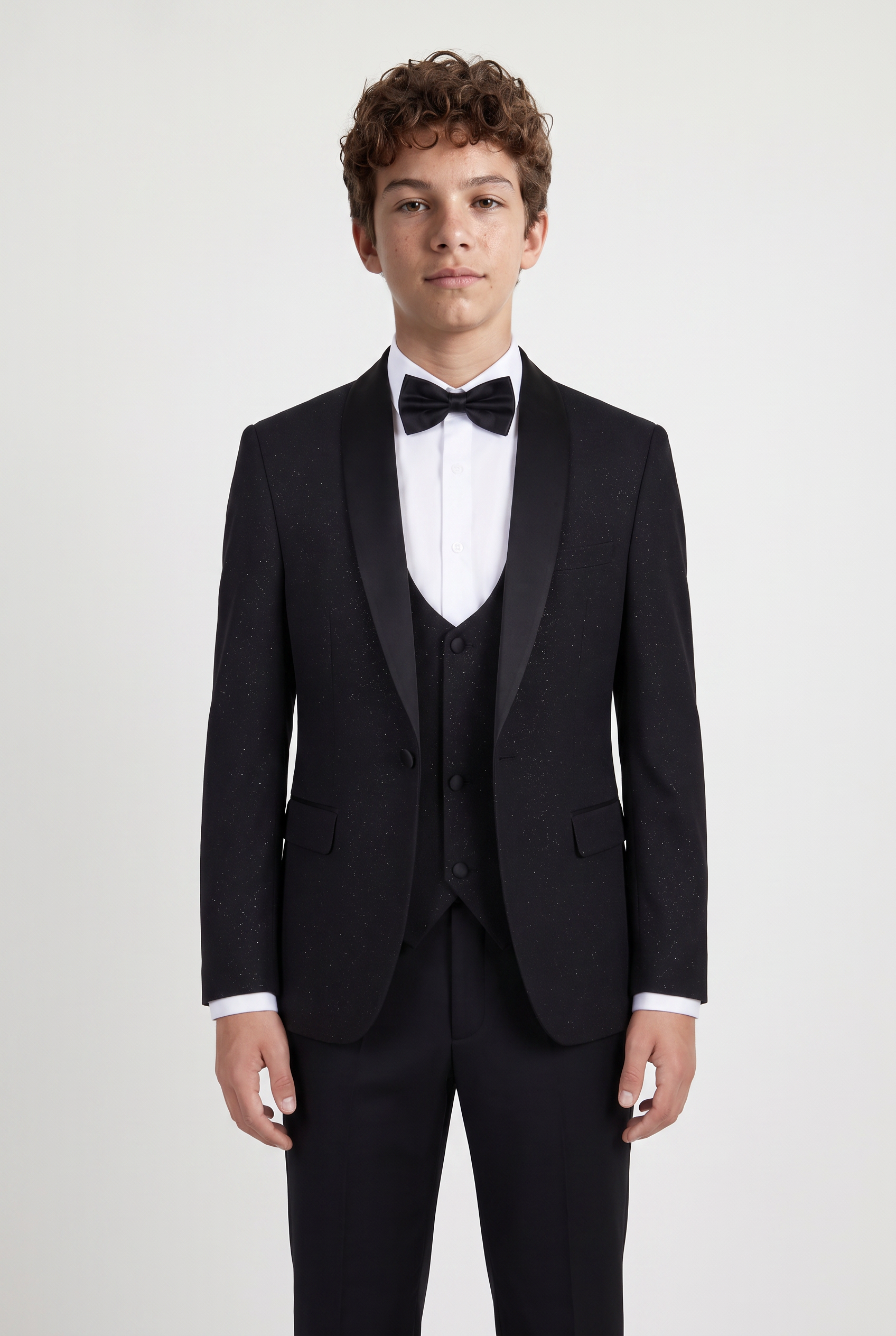 Traje de esmoquin brillante para niño con solapa de chal - de 4 y 5 piezas en Negro