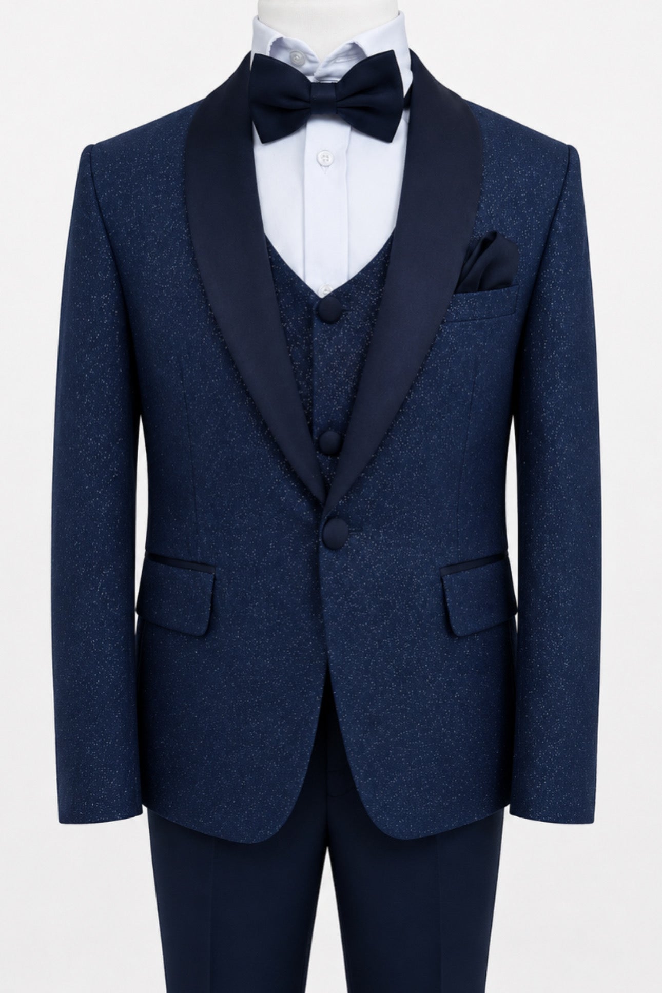 Traje de esmoquin brillante para niño con solapa de chal, de 4 y 5 piezas, en azul marino