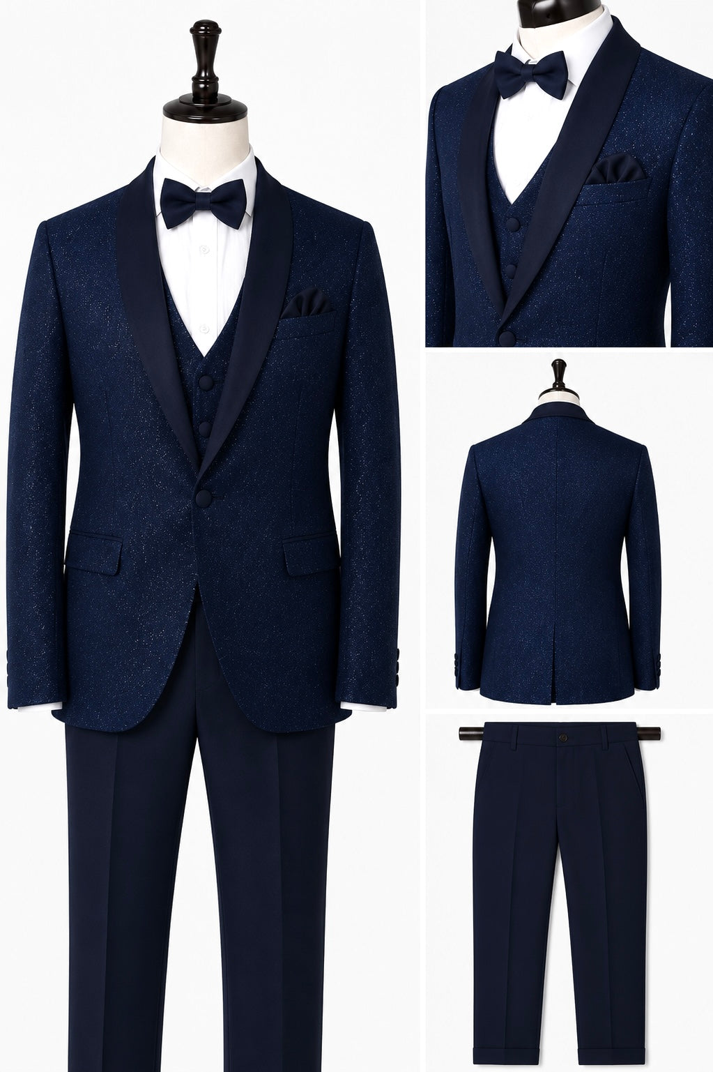 Traje de esmoquin brillante para niño con solapa de chal, de 4 y 5 piezas, en azul marino
