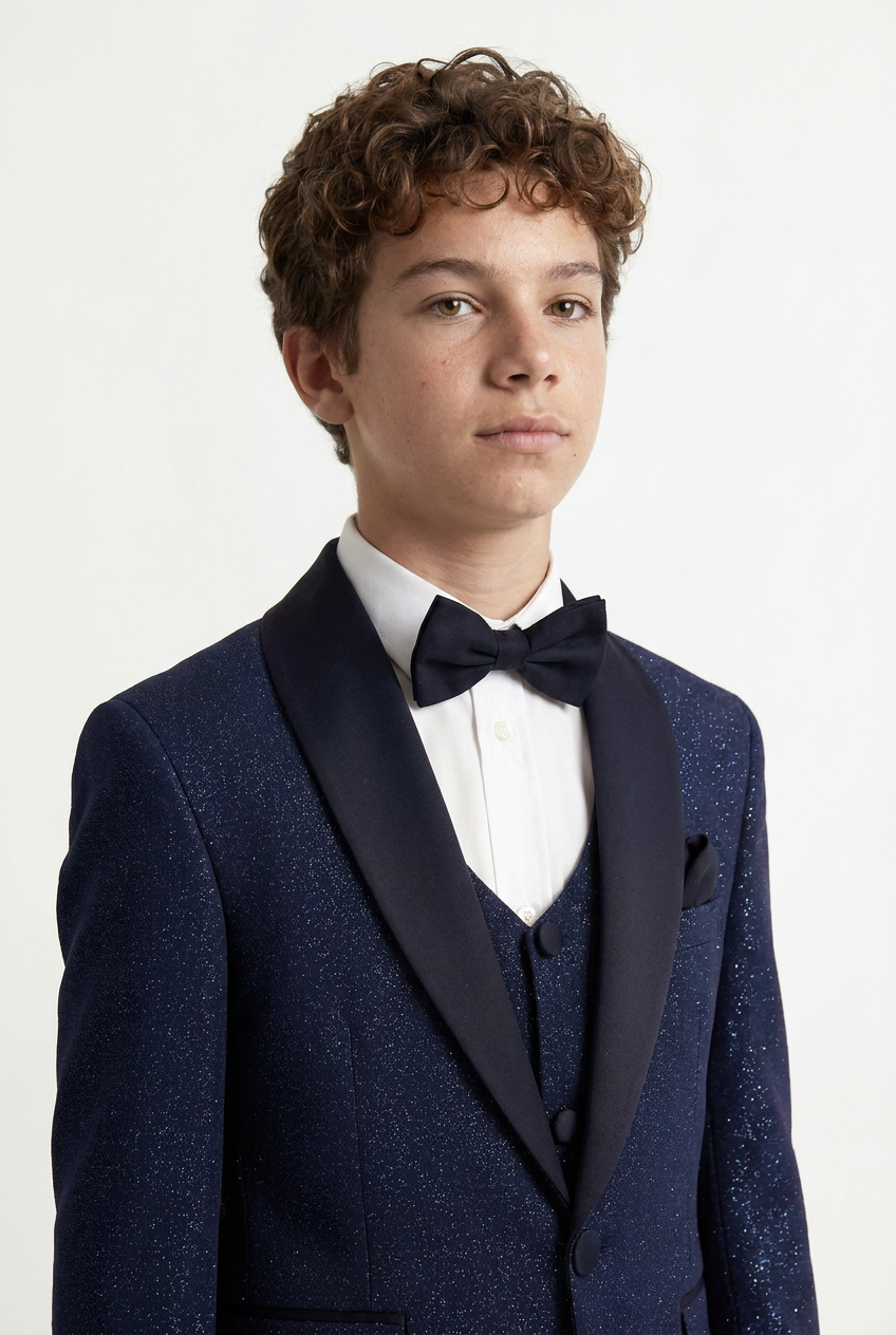 Traje de esmoquin brillante para niño con solapa de chal, de 4 y 5 piezas, en azul marino