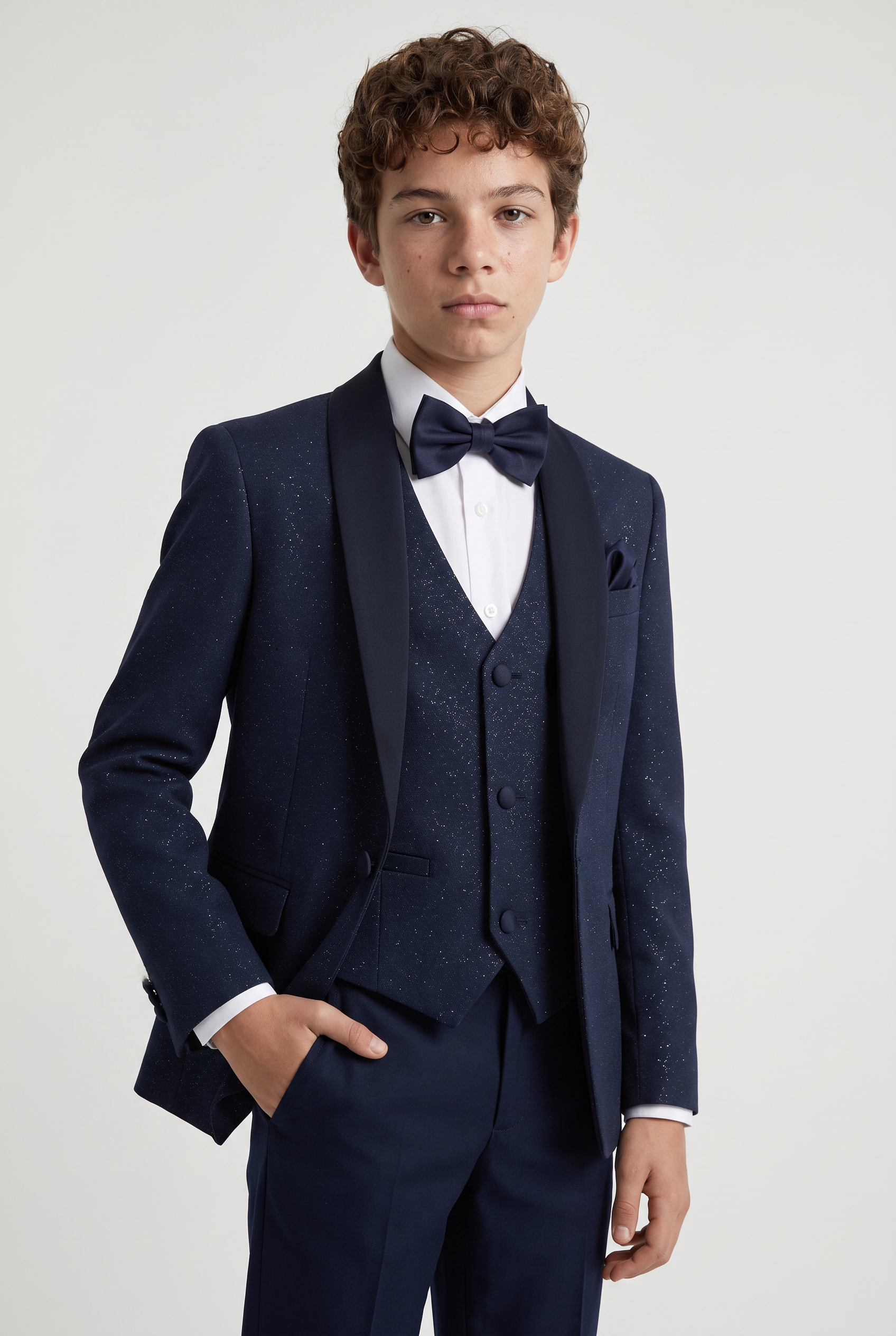 Traje de esmoquin brillante para niño con solapa de chal, de 4 y 5 piezas, en azul marino