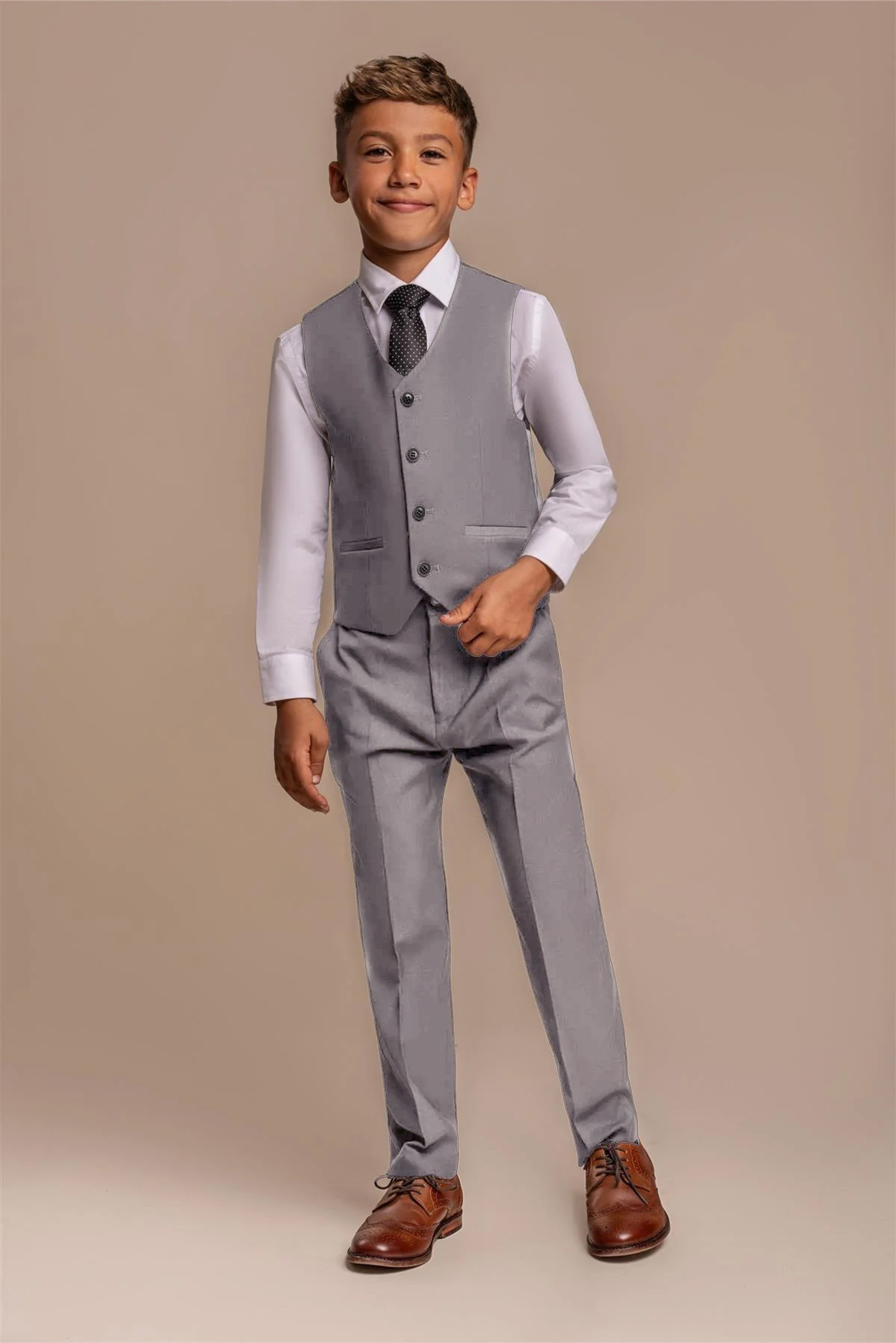 Boys Slim Fit Formal Suit - REEGAN - Light Grey Waistcoaat Front Picture