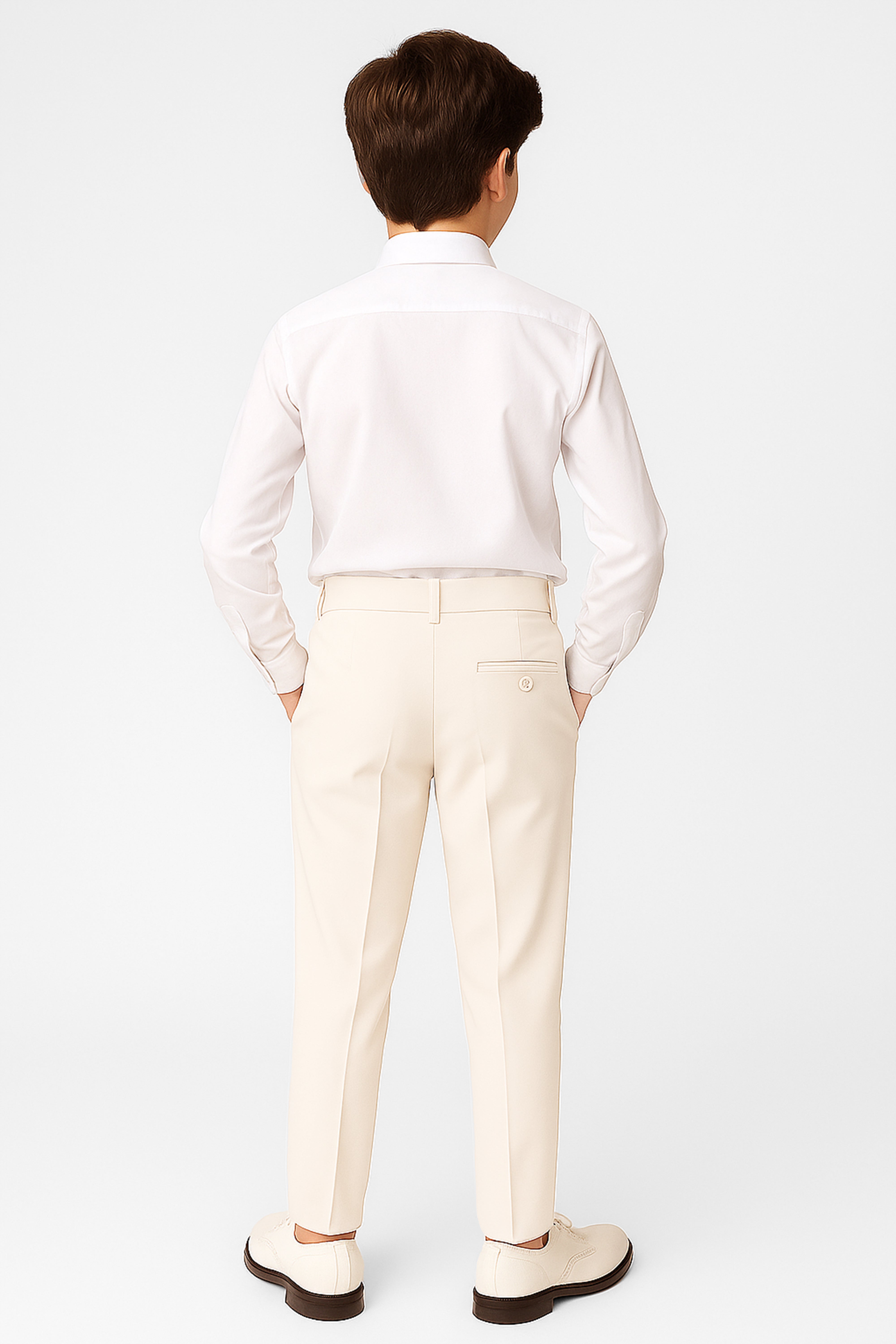 Boys Slim Fit Formal Trousers with Adjustable Waist - Ivory Model Back Picture