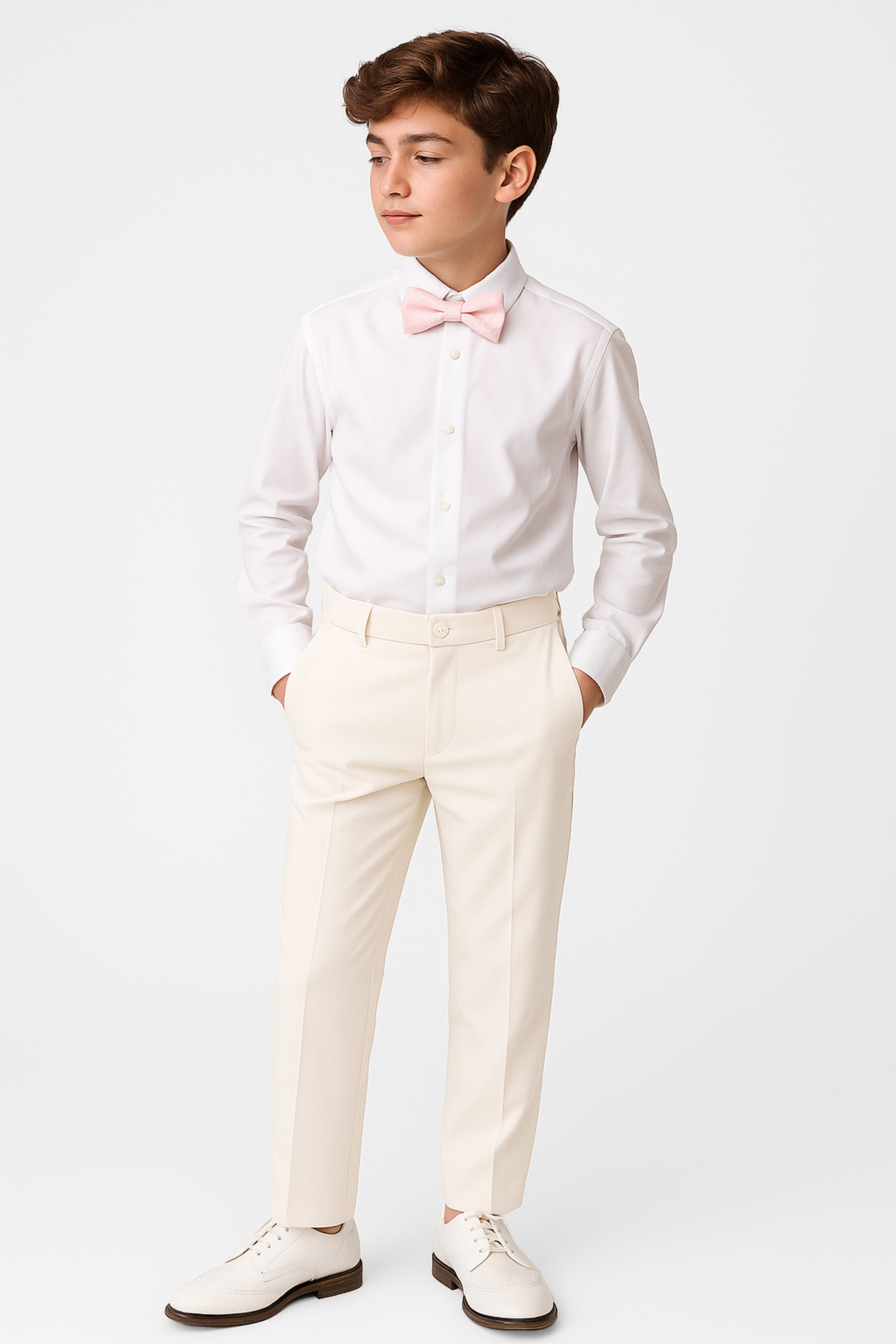 Boys Slim Fit Formal Trousers with Adjustable Waist - Ivory Model Picture