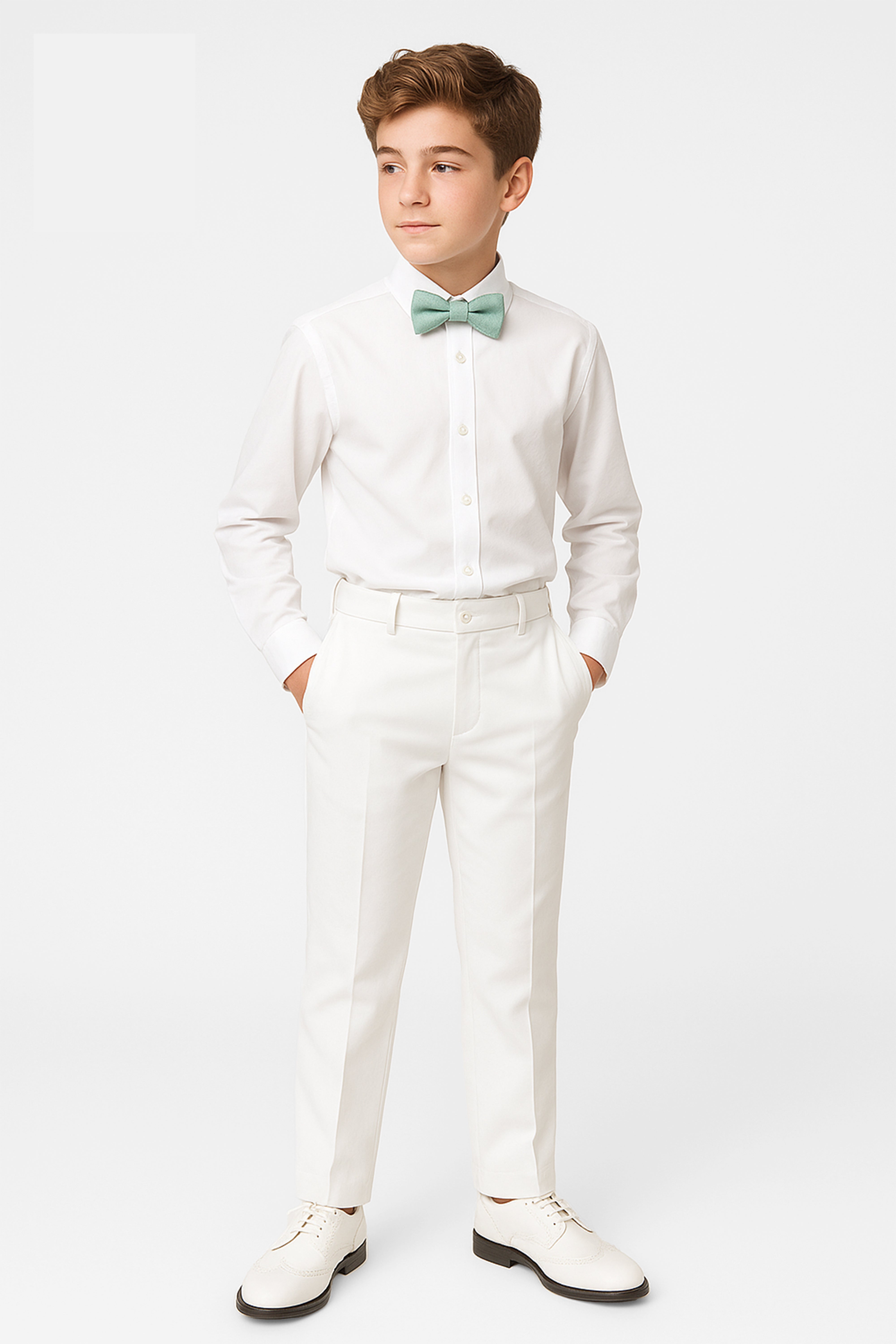 Boys Slim Fit Formal Trousers with Adjustable Waist - White Model Picture