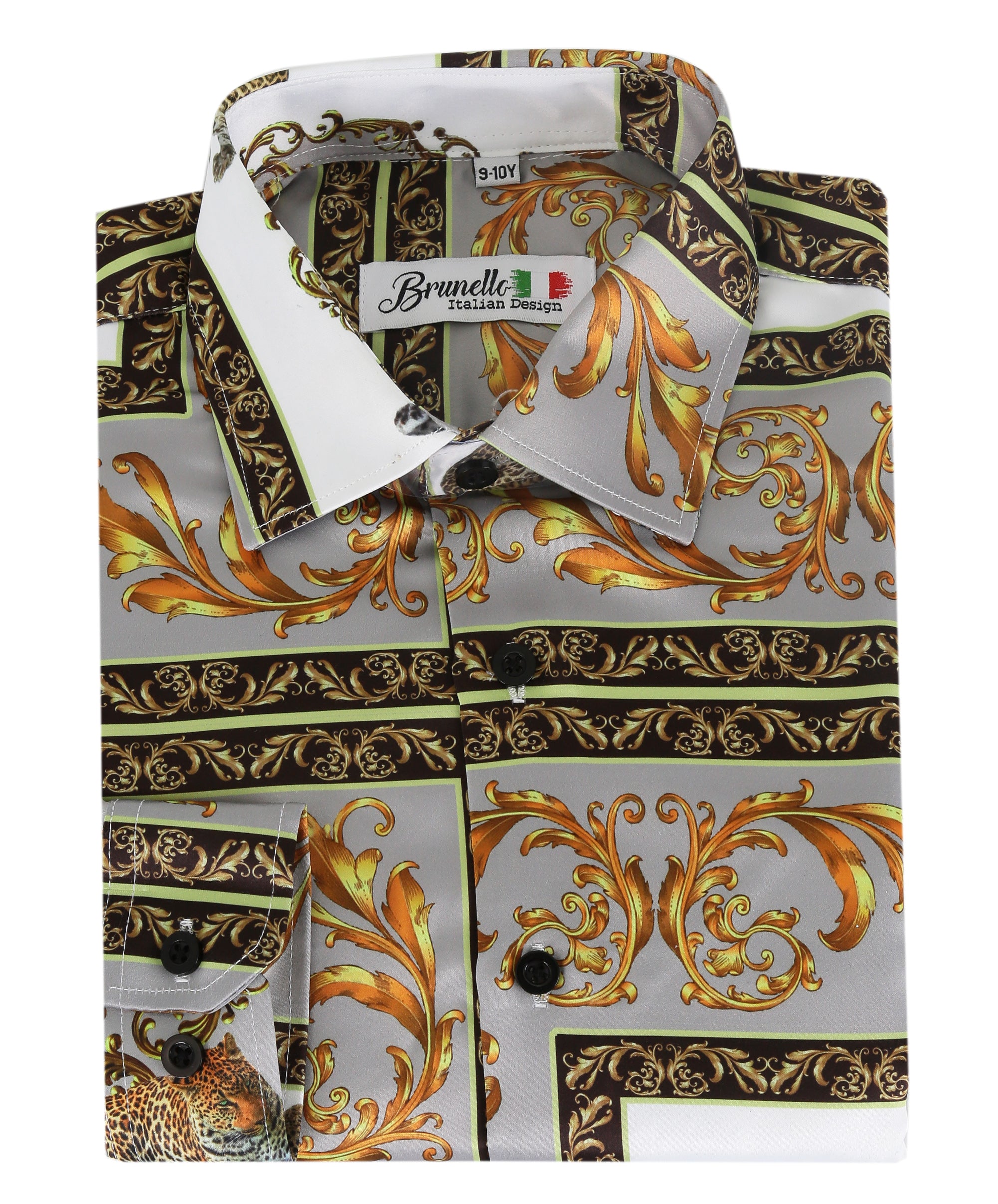 Boys Slim Fit Long Sleeve Printed Satin Shirt -Grey and Gold Front Picture