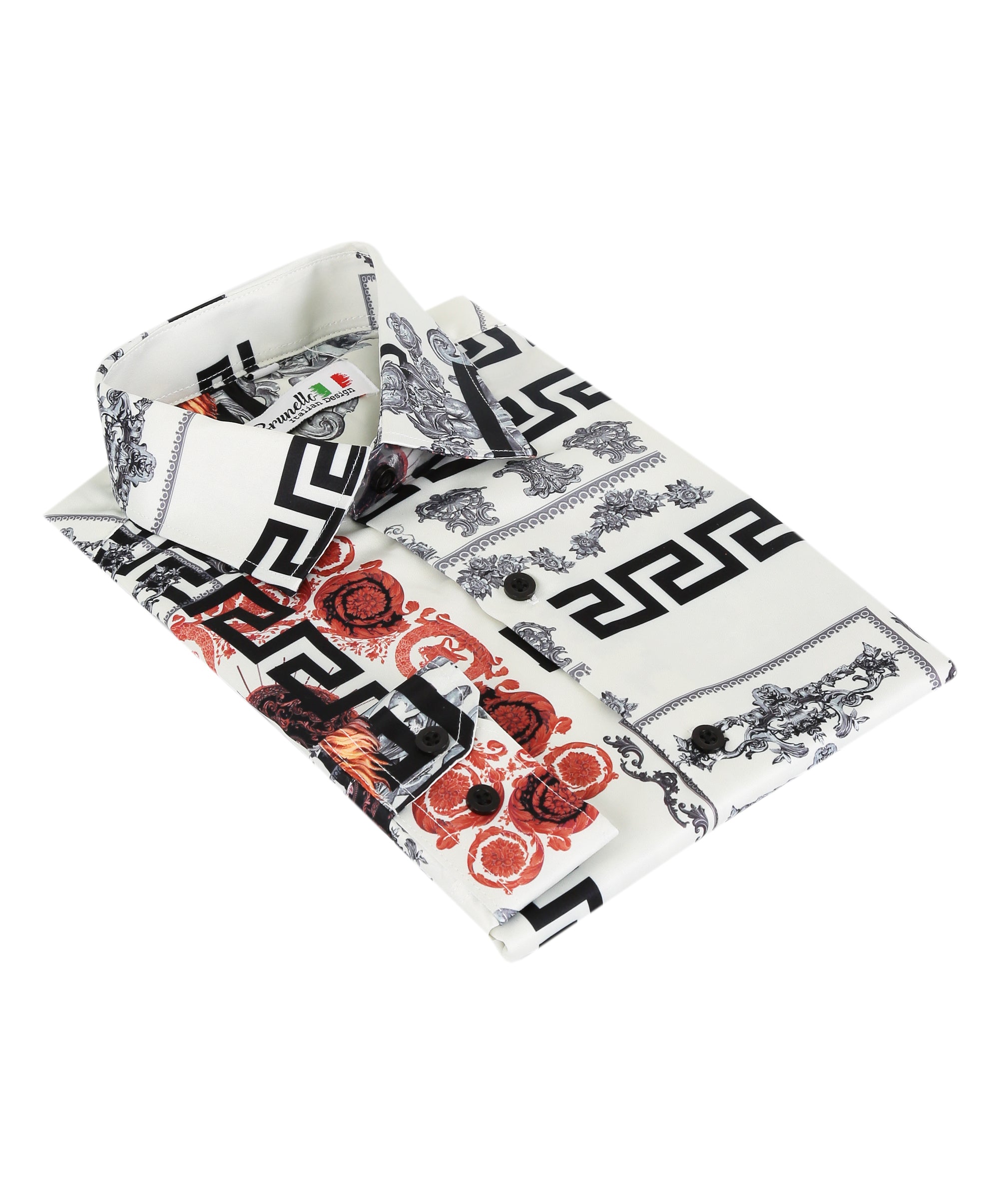 Boys Slim Fit Long Sleeve Printed Satin Shirt -Ivory and Black Side Picture