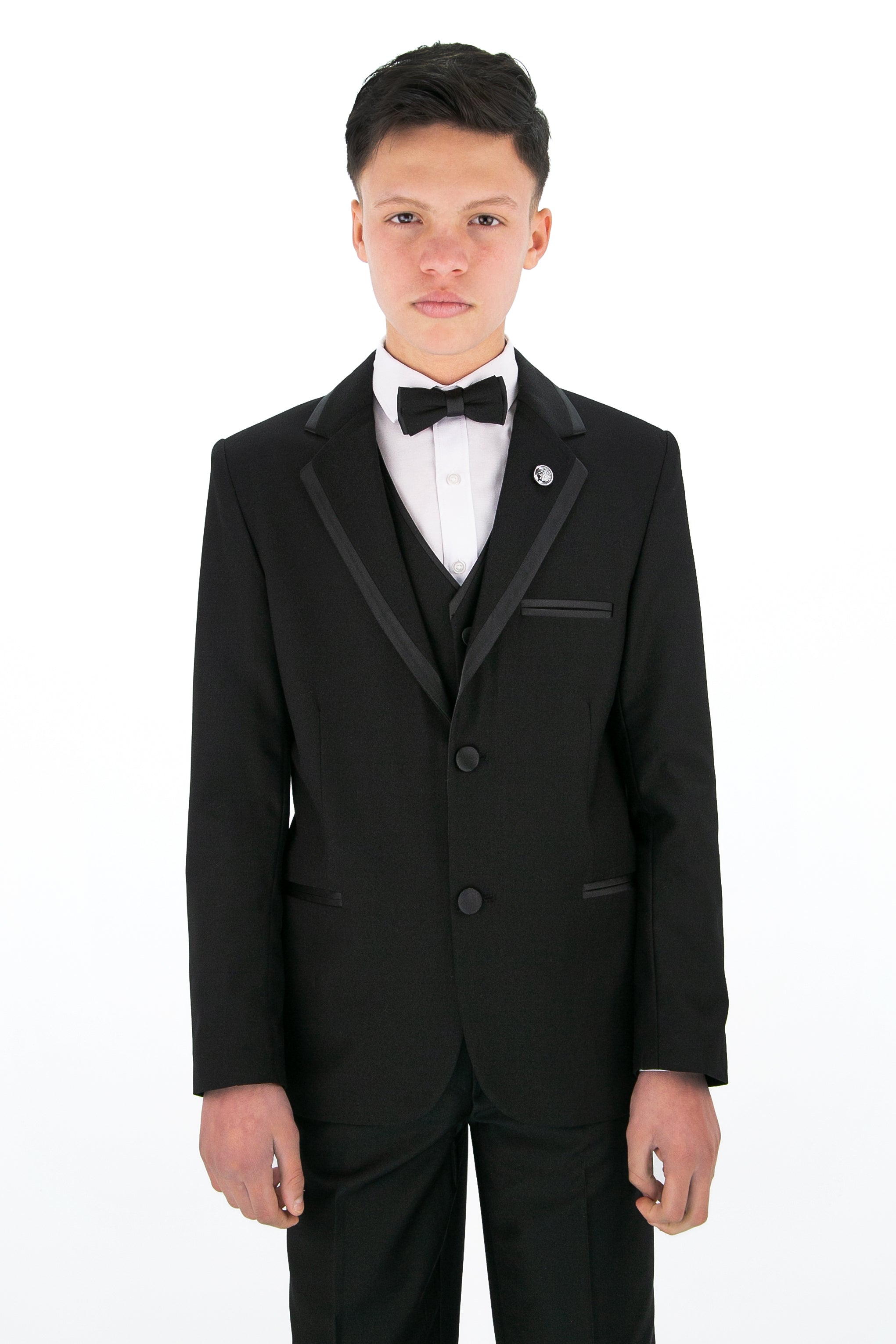 Boys Slim Fit Piping Tuxedo Dinner Suit Set - Black Model Front Picture