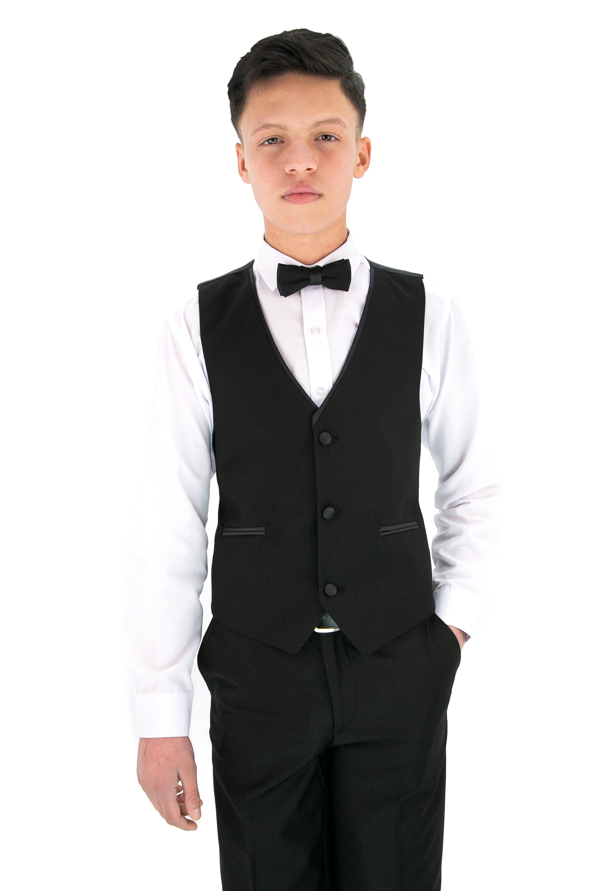 Boys Slim Fit Piping Tuxedo Dinner Suit Set - Black Waistcoat Picture