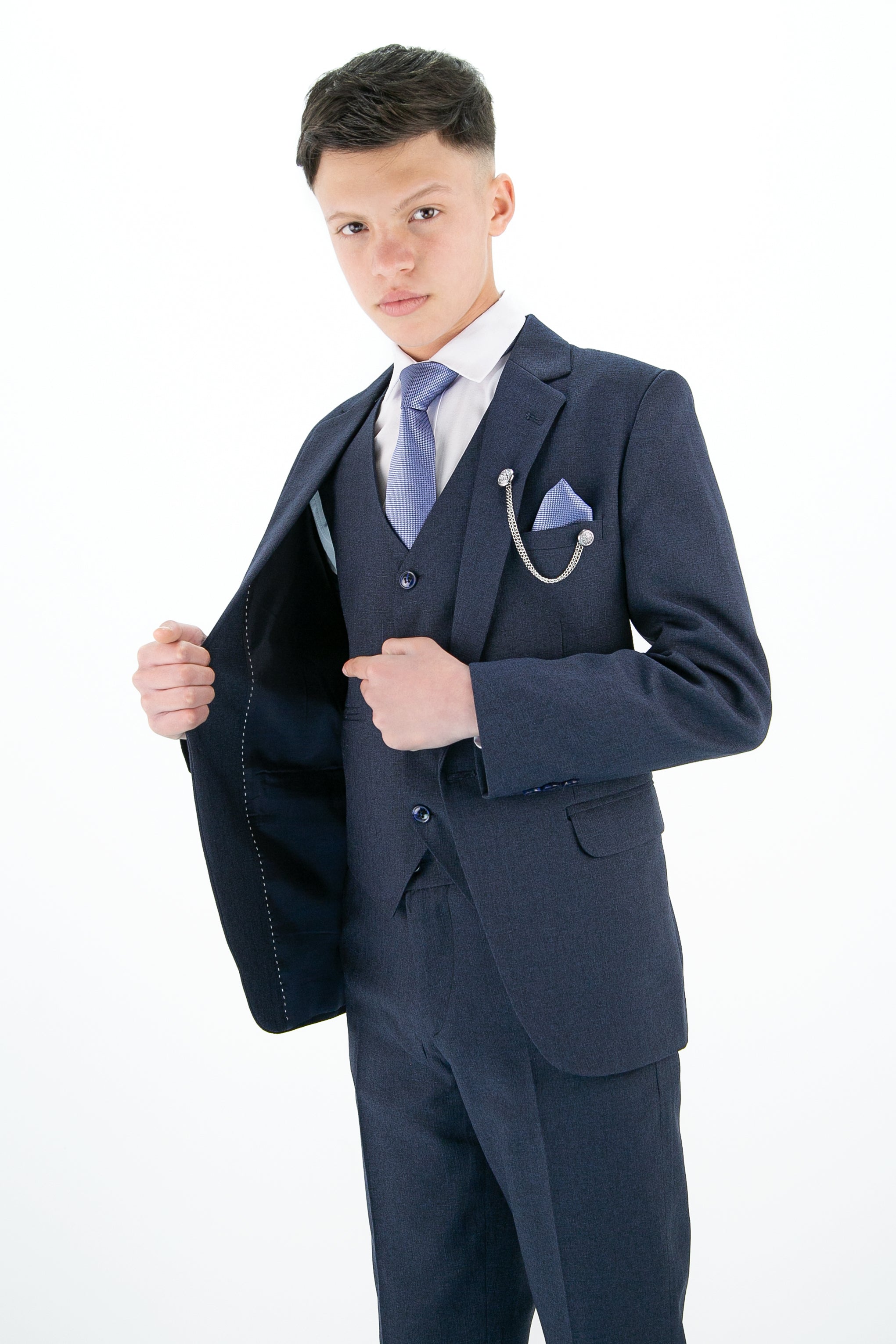 Boys Slim Fit Textured 6-Piece Formal Suit Set - Navy Blue Linning Picture