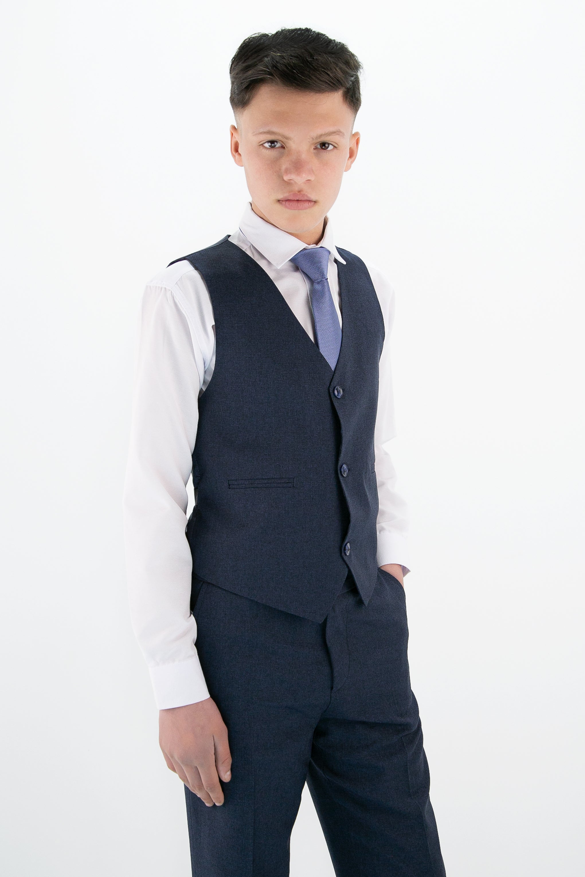 Boys Slim Fit Textured 6-Piece Formal Suit Set - Navy Blue Waistcoat Picture