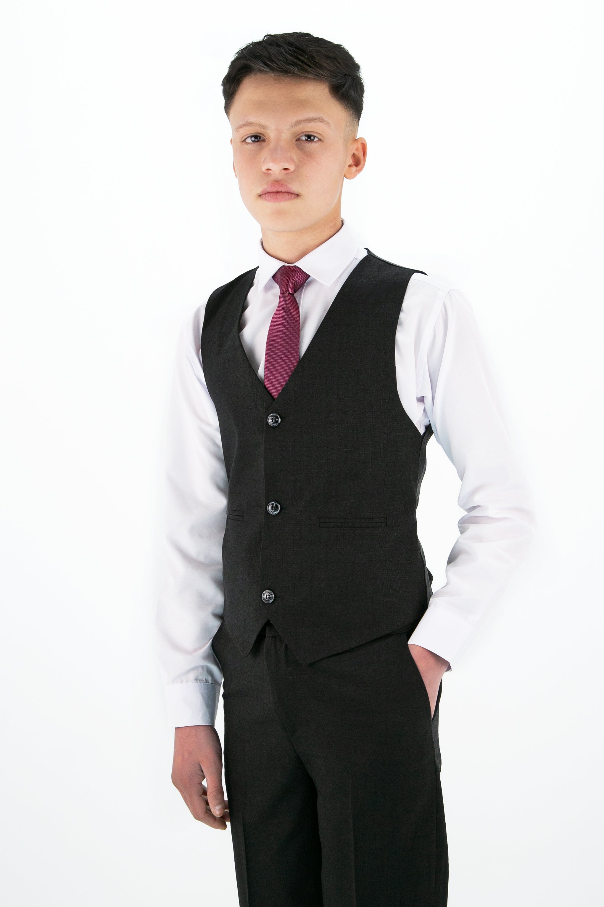 Boys Slim Fit Textured 8-Piece Formal Suit Set - Black Waistcoat Picture