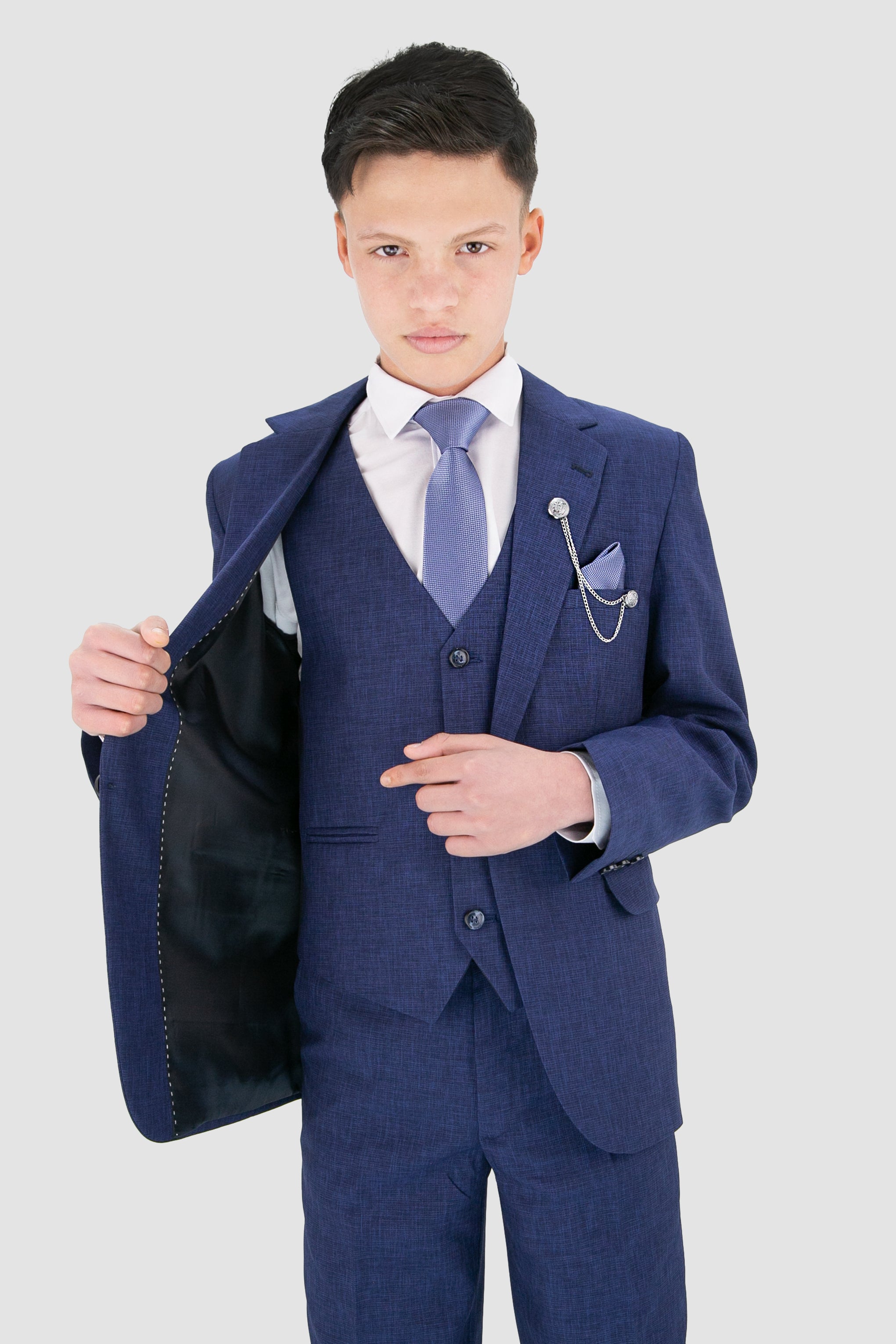 Boys Slim Fit Textured 8-Piece Formal Suit Set - Blue Linning Picture