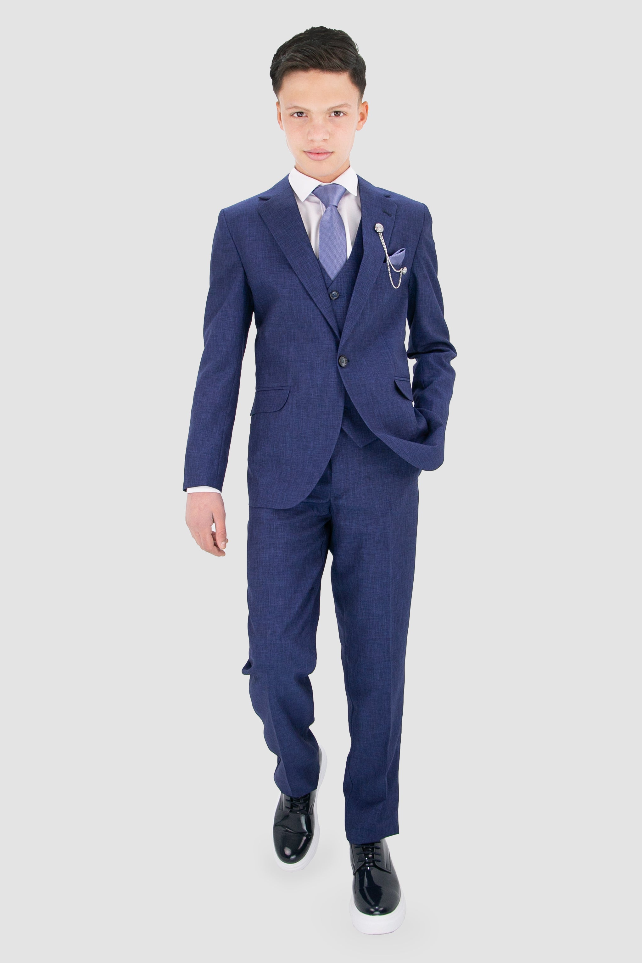 Boys Slim Fit Textured 8-Piece Formal Suit Set - Blue Model Front Picture