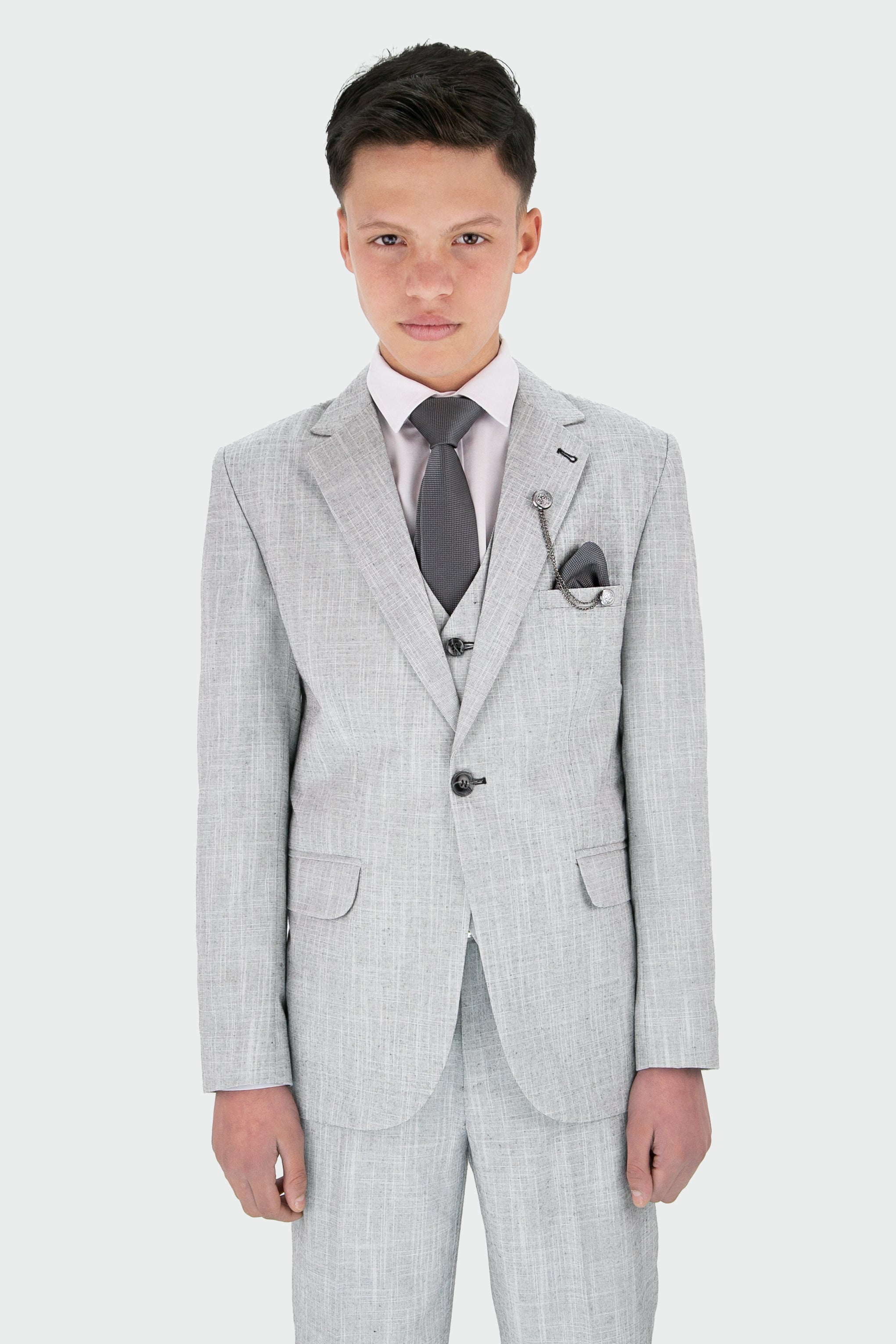 Boys Slim Fit Textured 8-Piece Formal Suit Set - Grey Model Picture with Tie