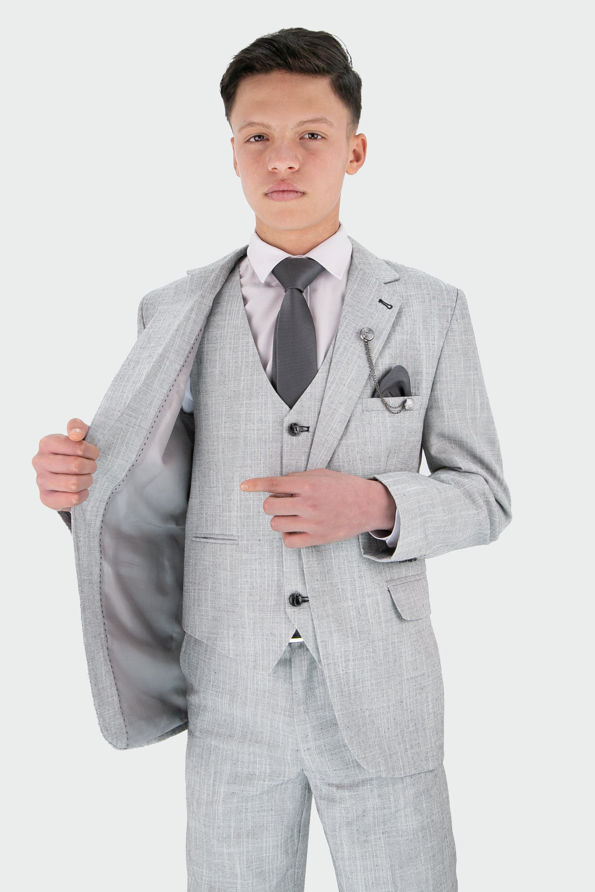 Boys Slim Fit Textured 8-Piece Formal Suit Set - Grey Linning Picture