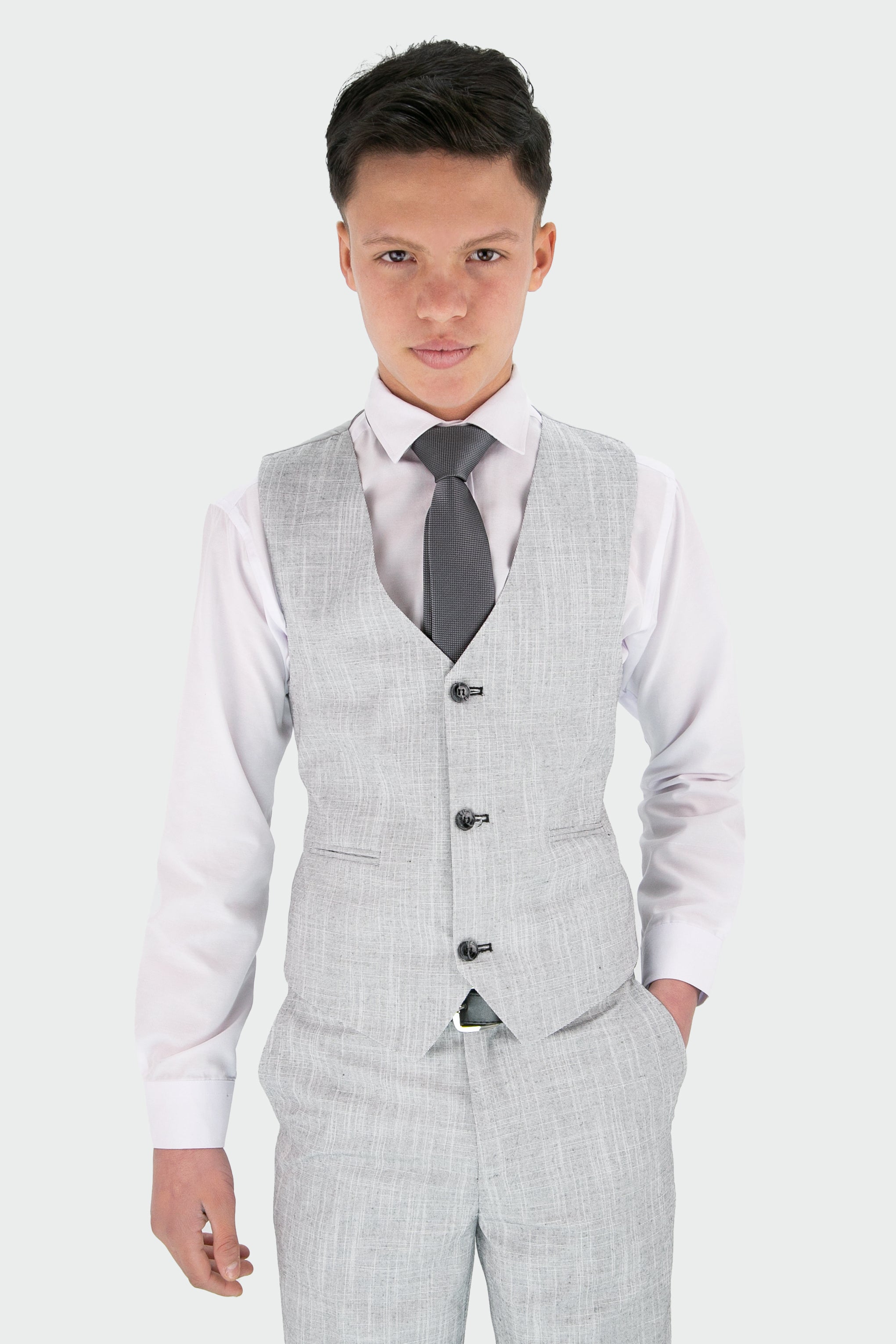 Boys Slim Fit Textured 8-Piece Formal Suit Set - Grey Waistcoat Picture