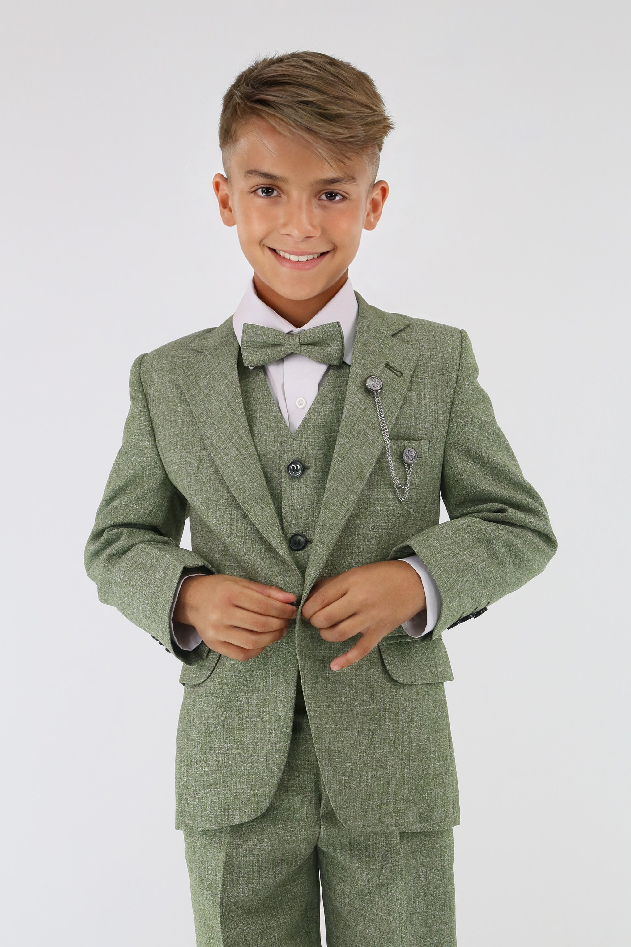 Boys Slim Fit Textured 8-Piece Formal Suit Set - Khaki Green