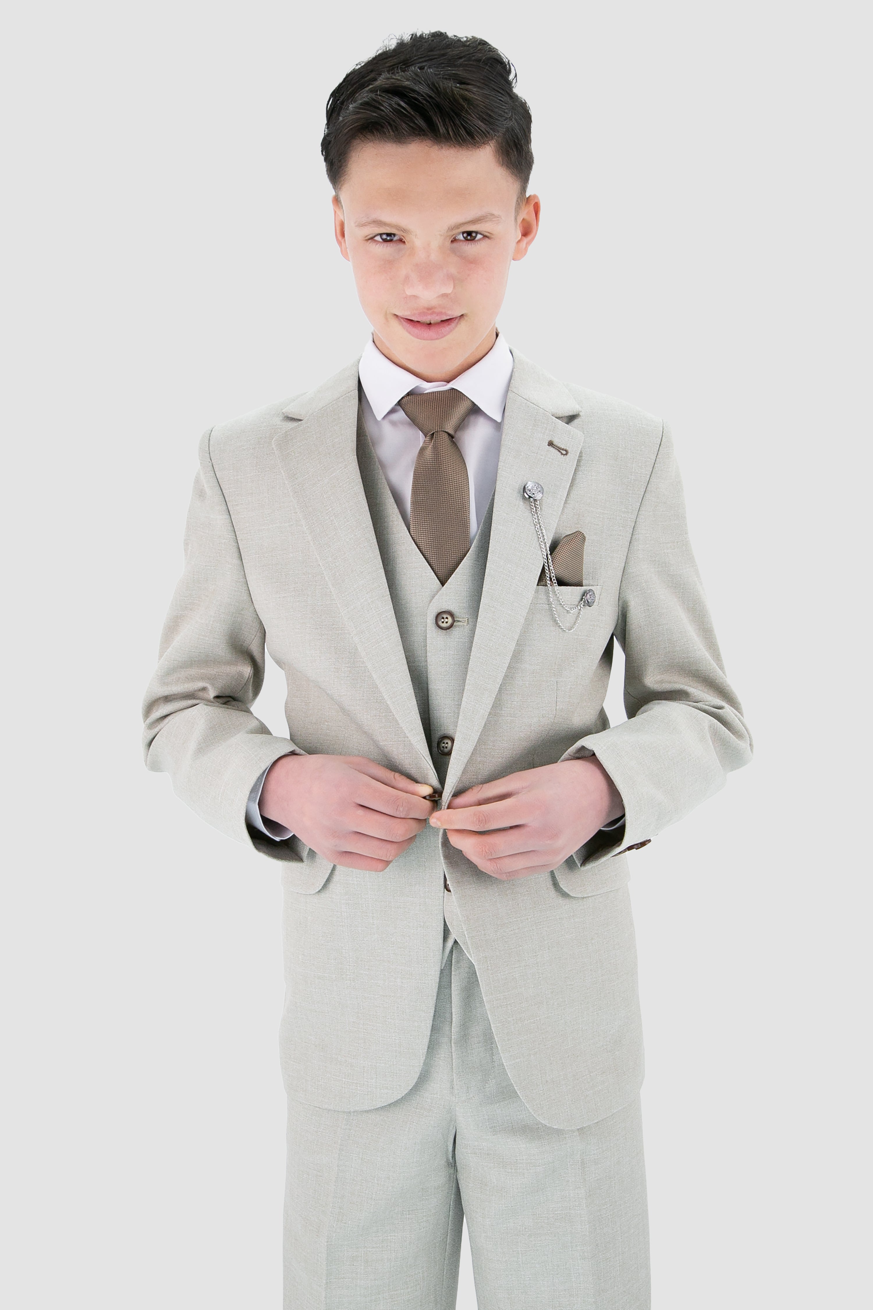 Boys Slim Fit Textured 8-Piece Formal Suit Set - Taupe Beige Model Picture