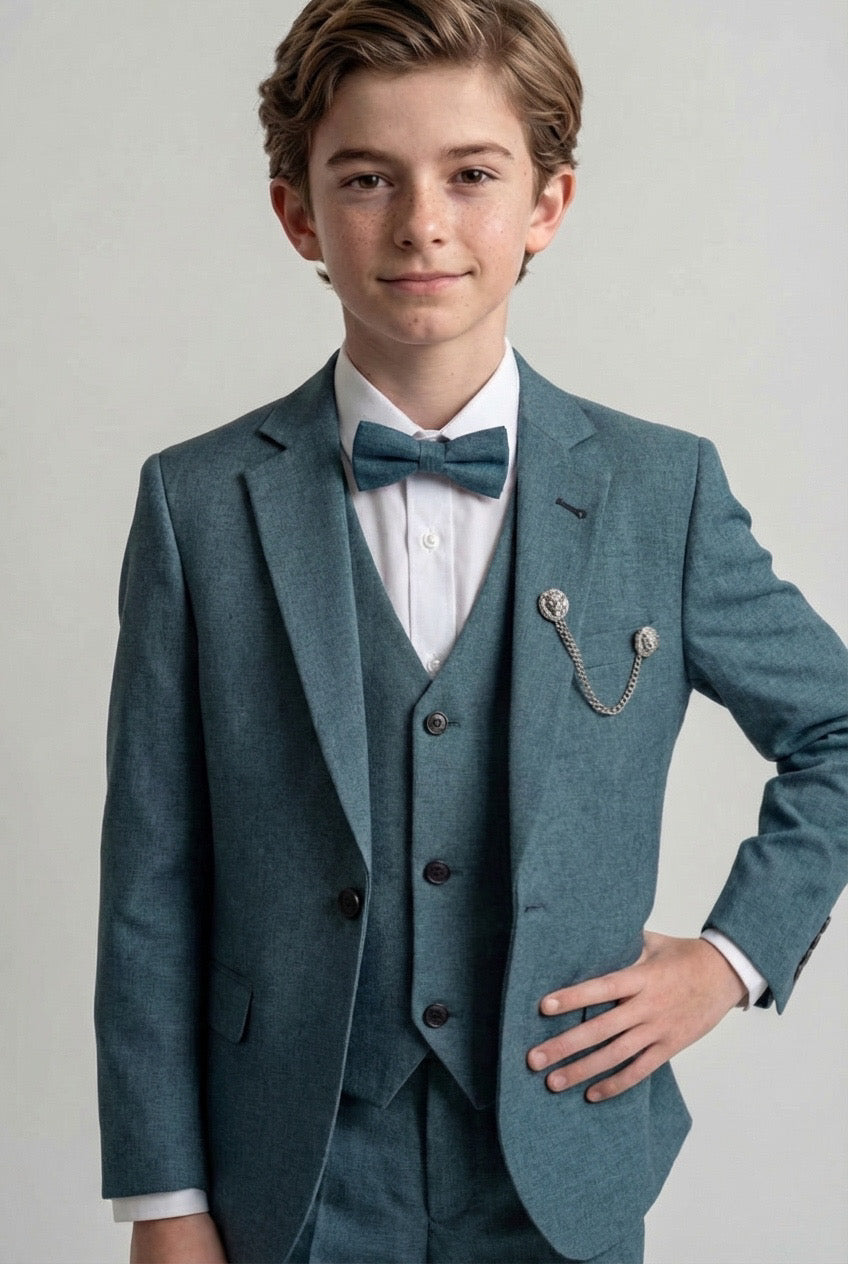 Jungen Slim Fit Texturiertes 8-teiliges formelles Anzugset – Blaugrün