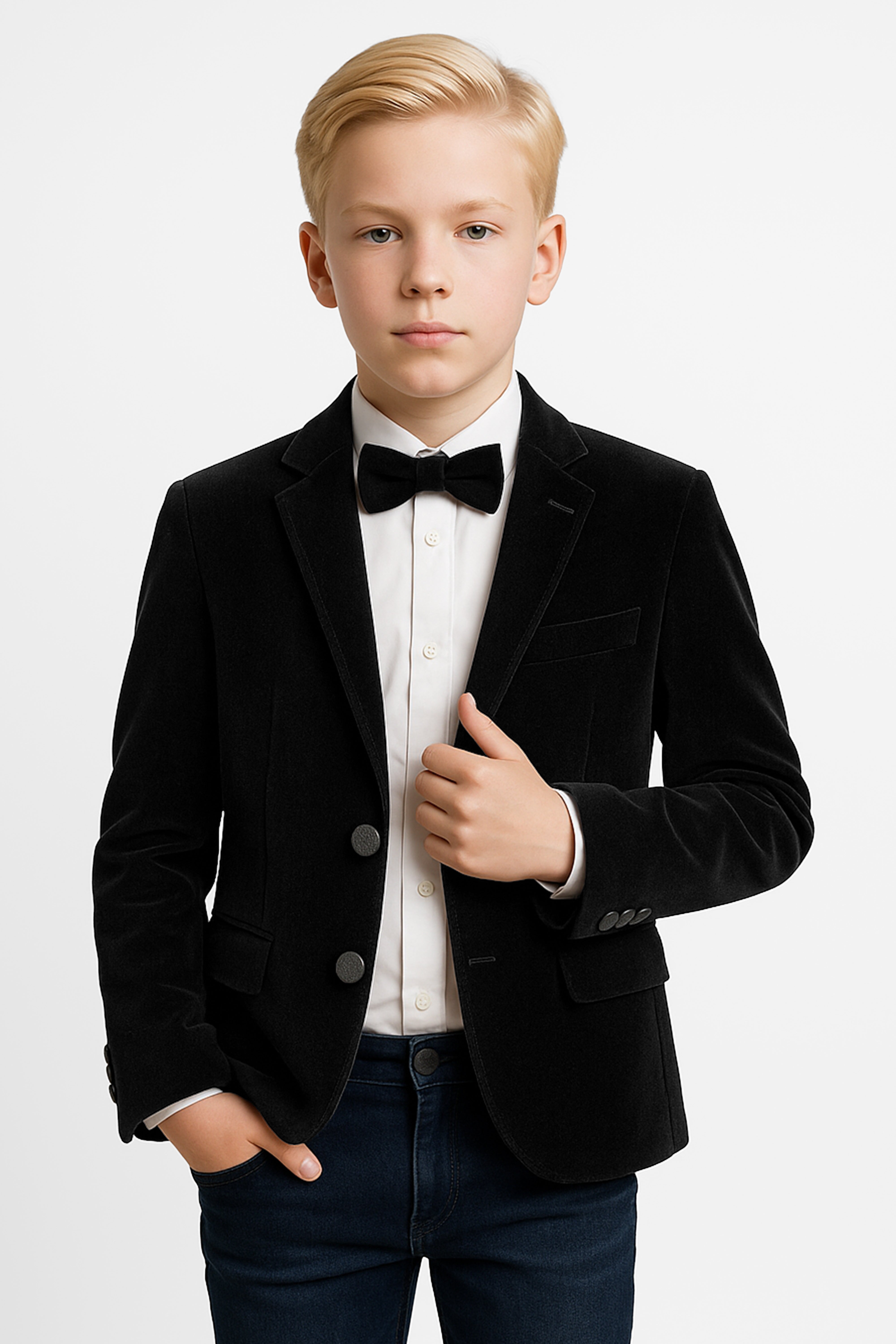 Boys Slim Fit Velvet Blazer - SAVOY - Black Model Picture
