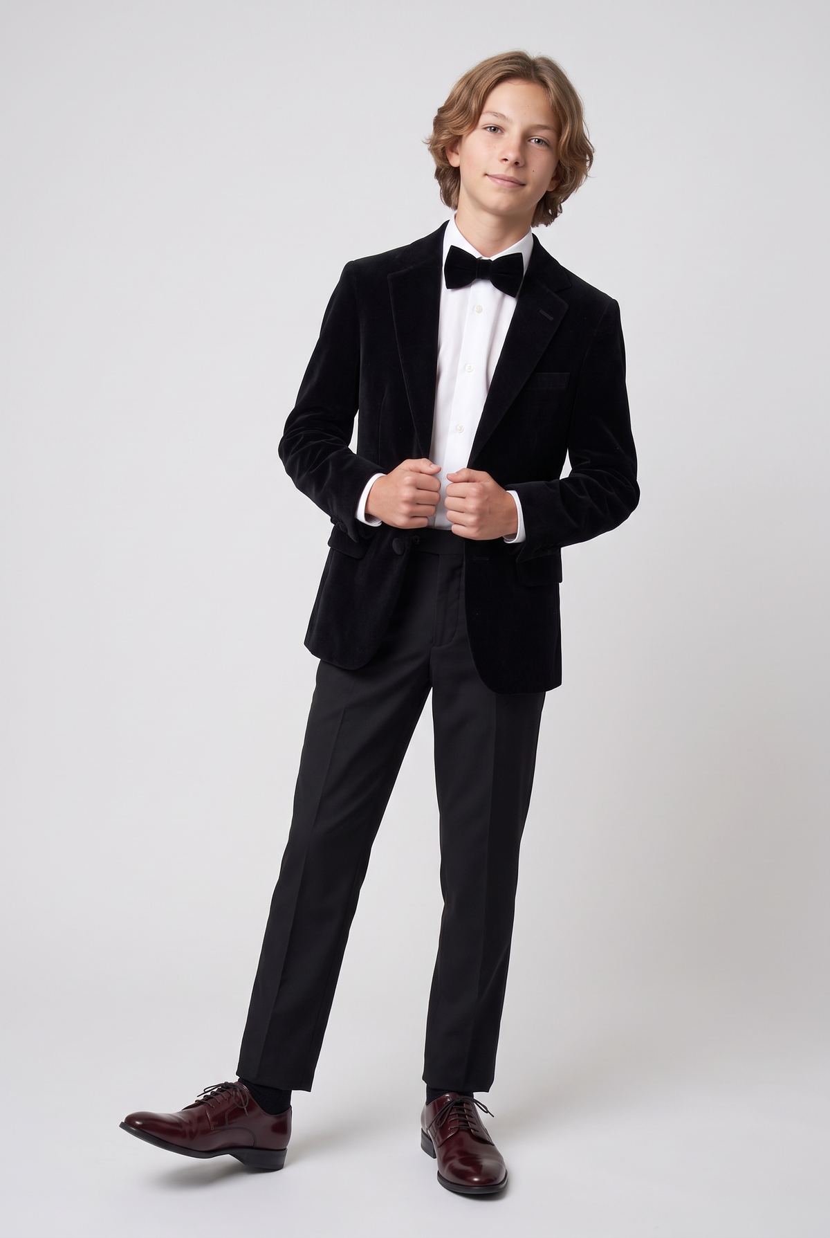 Boys Slim Fit Velvet Blazer - SAVOY - Black Model Front Picture