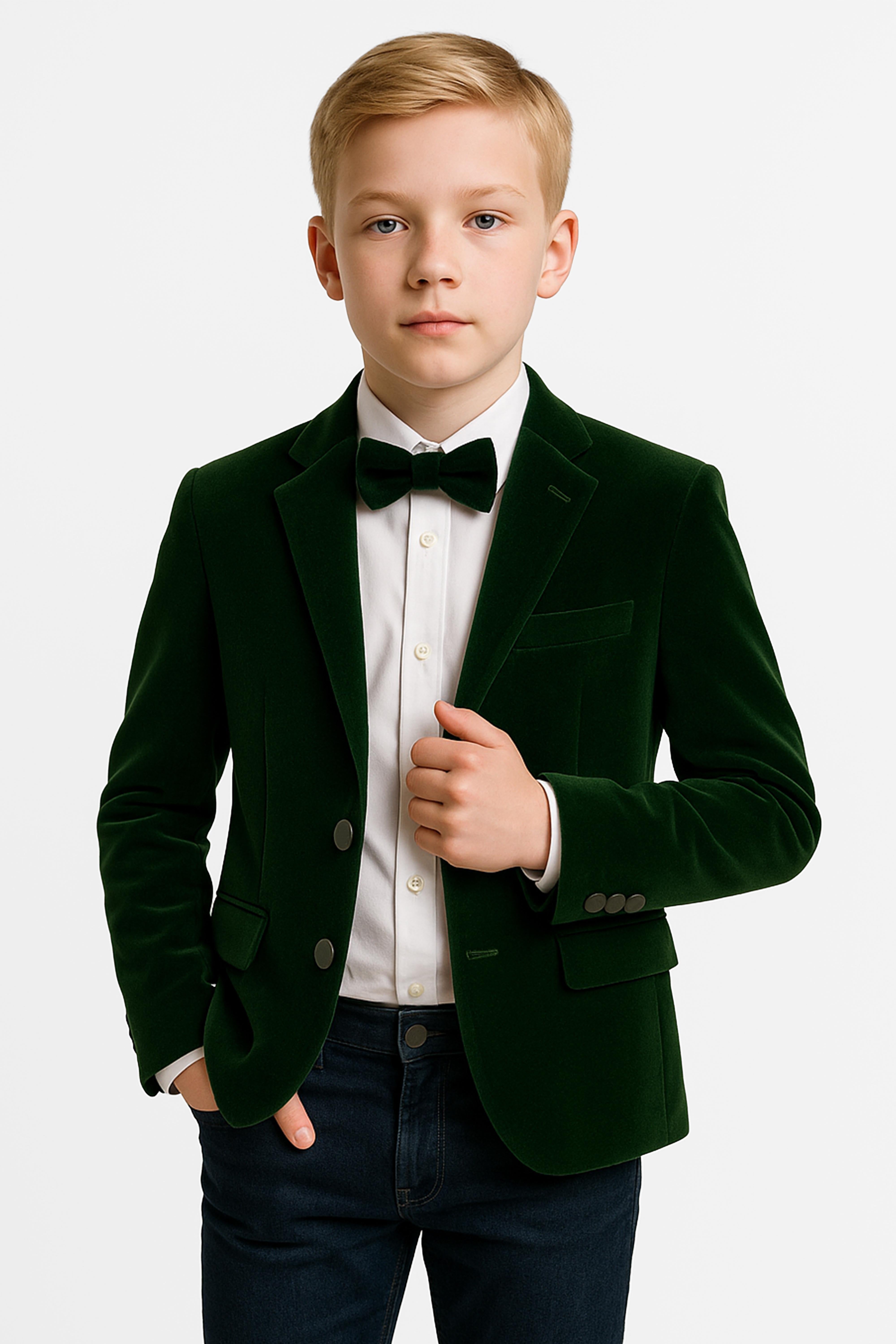 Boys Slim Fit Velvet Blazer - SAVOY - Green Model Picture