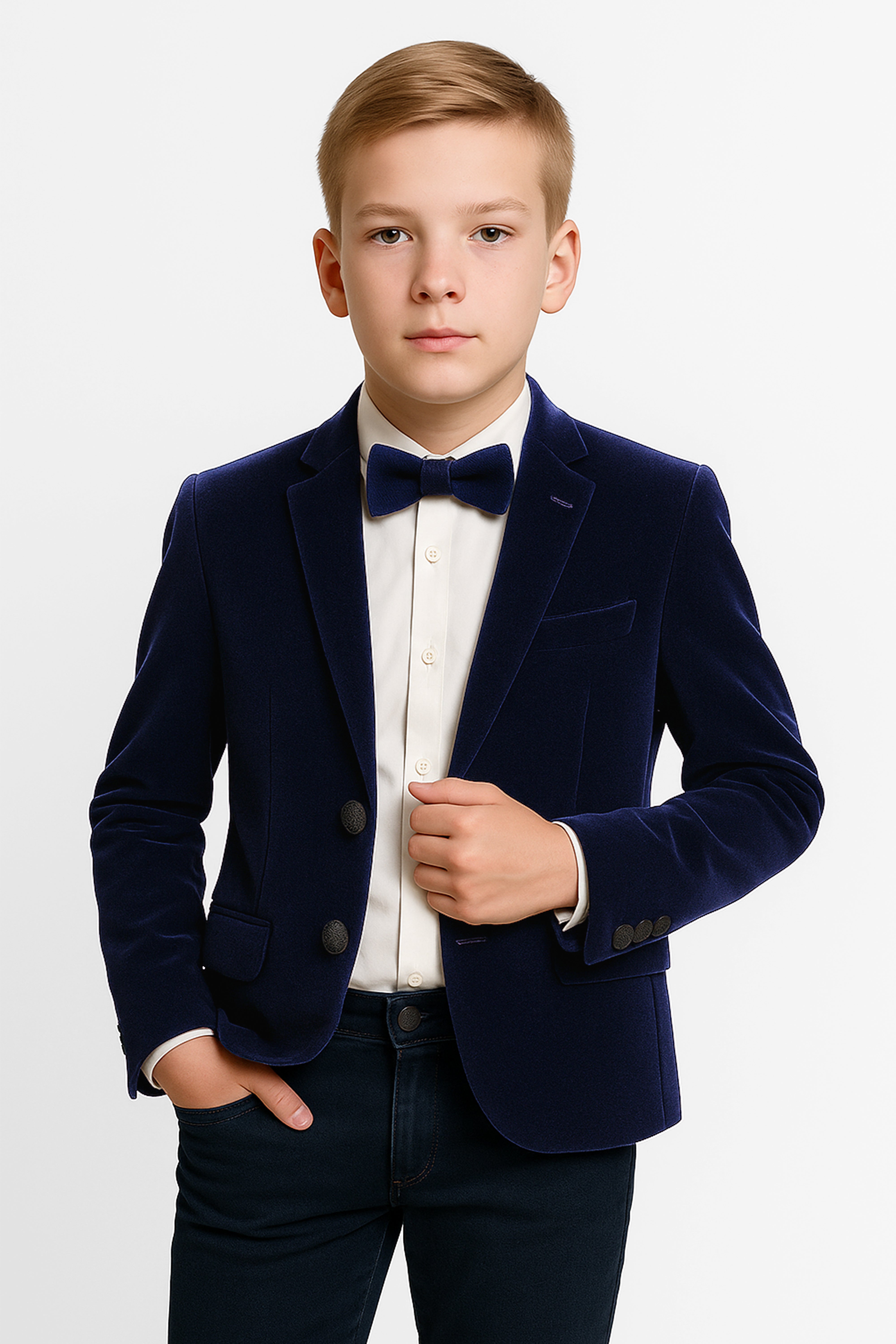 Boys Slim Fit Velvet Blazer - SAVOY - Navy Blue Moedl Picture