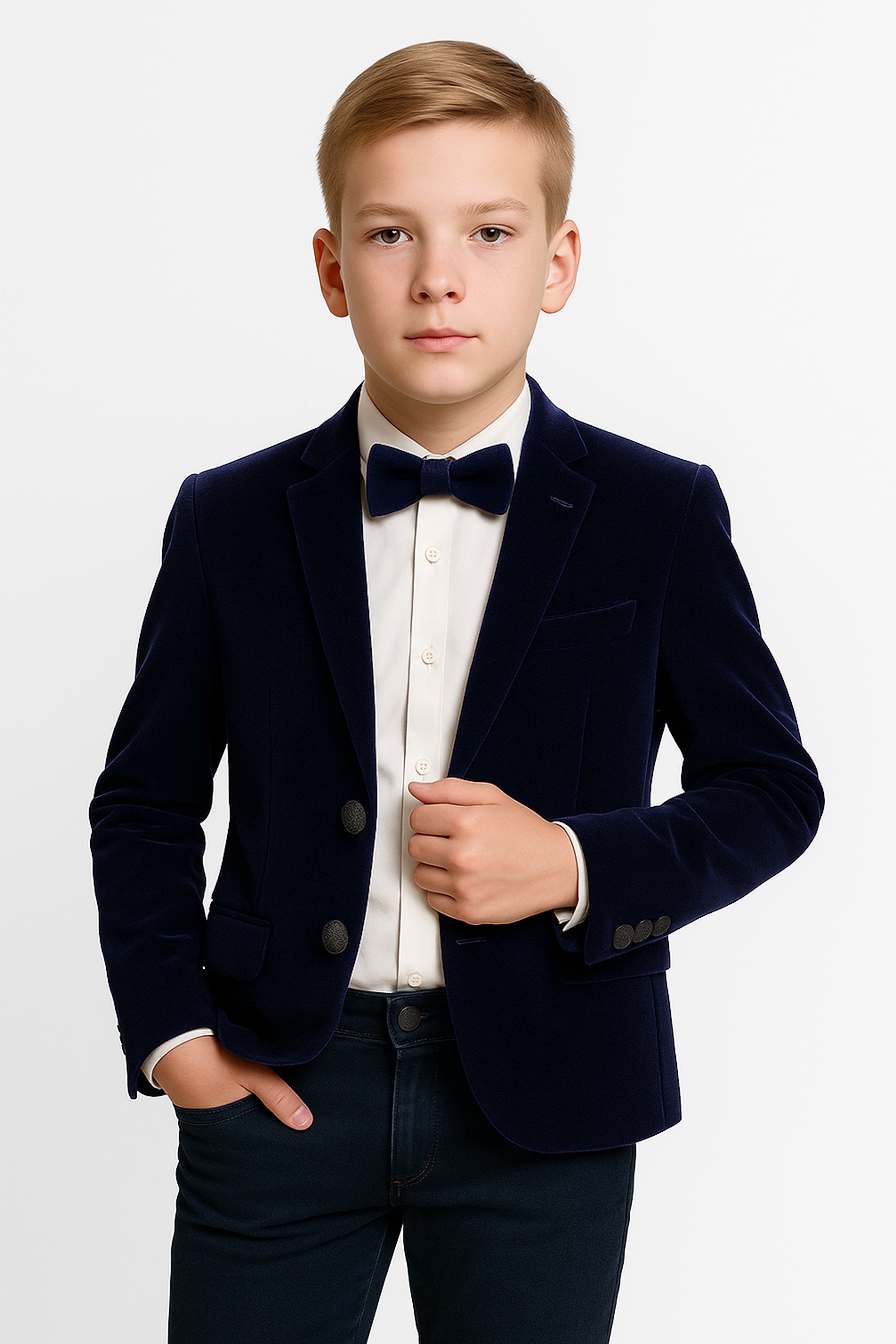 Boys Slim Fit Velvet Blazer - SAVOY - Navy Blue