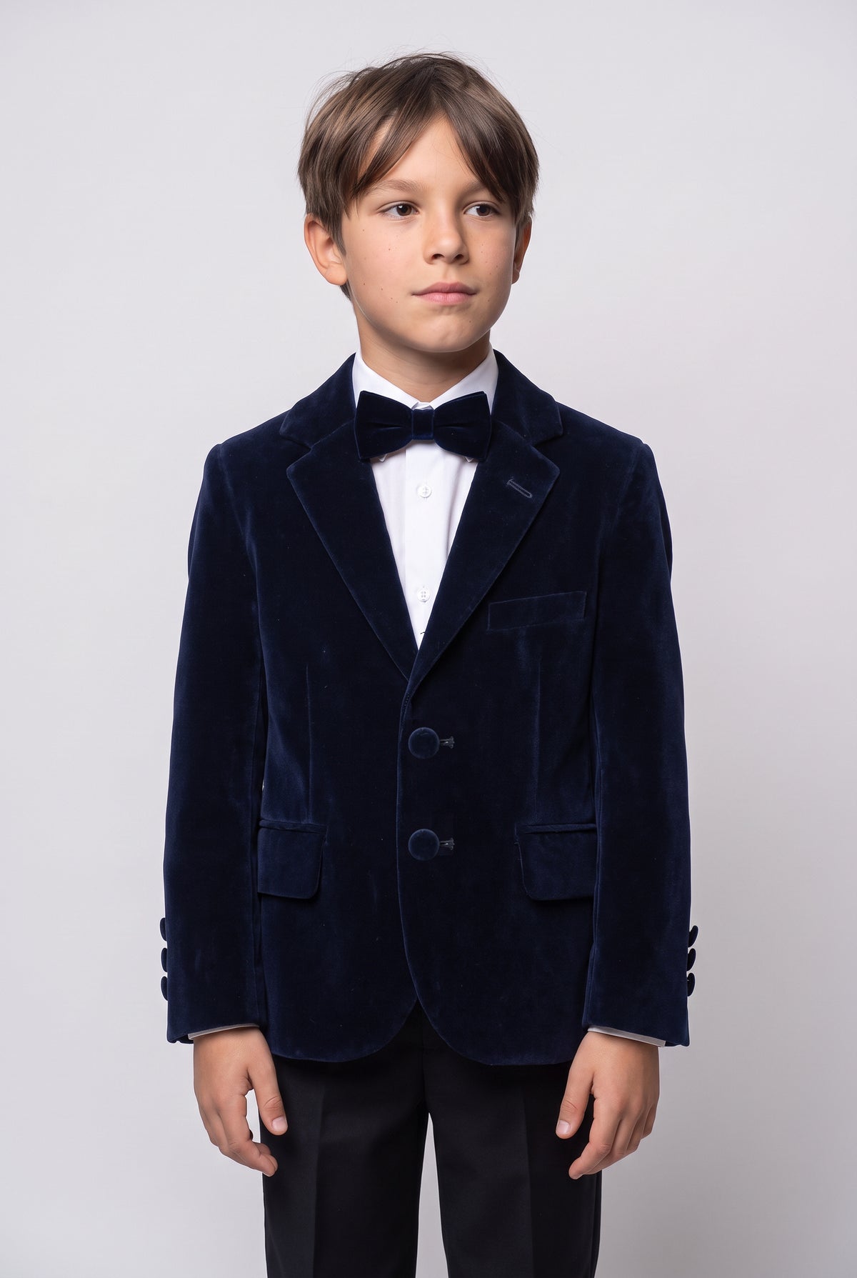 Boys Slim Fit Velvet Blazer - SAVOY - Navy Blue model picture