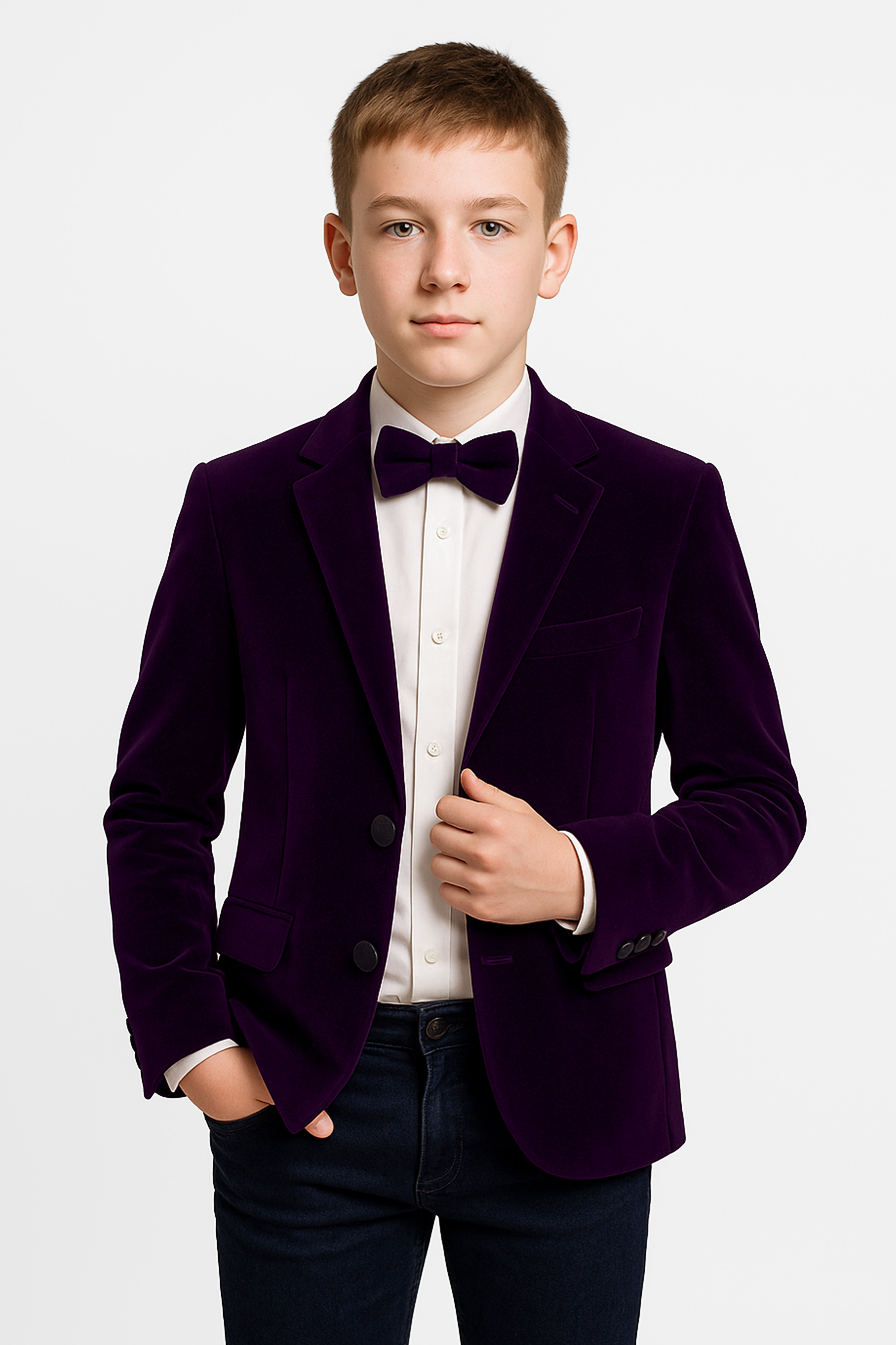 Boys Slim Fit Velvet Blazer - SAVOY - Purple Model Picture