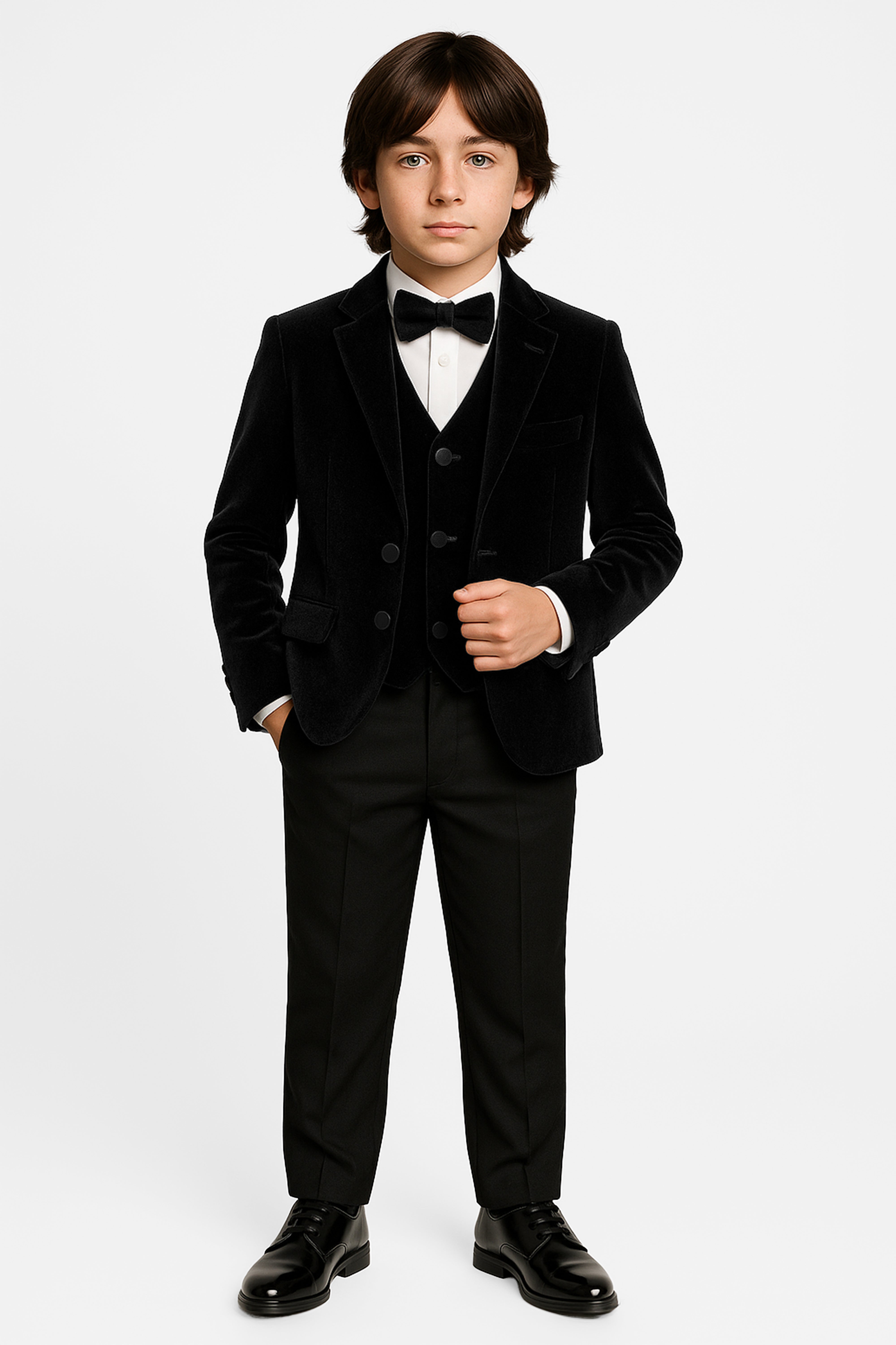 Boys Slim Fit Velvet Dinner Suit - 3-Piece & 5-Piece - SAVOY  - Black Model Picture