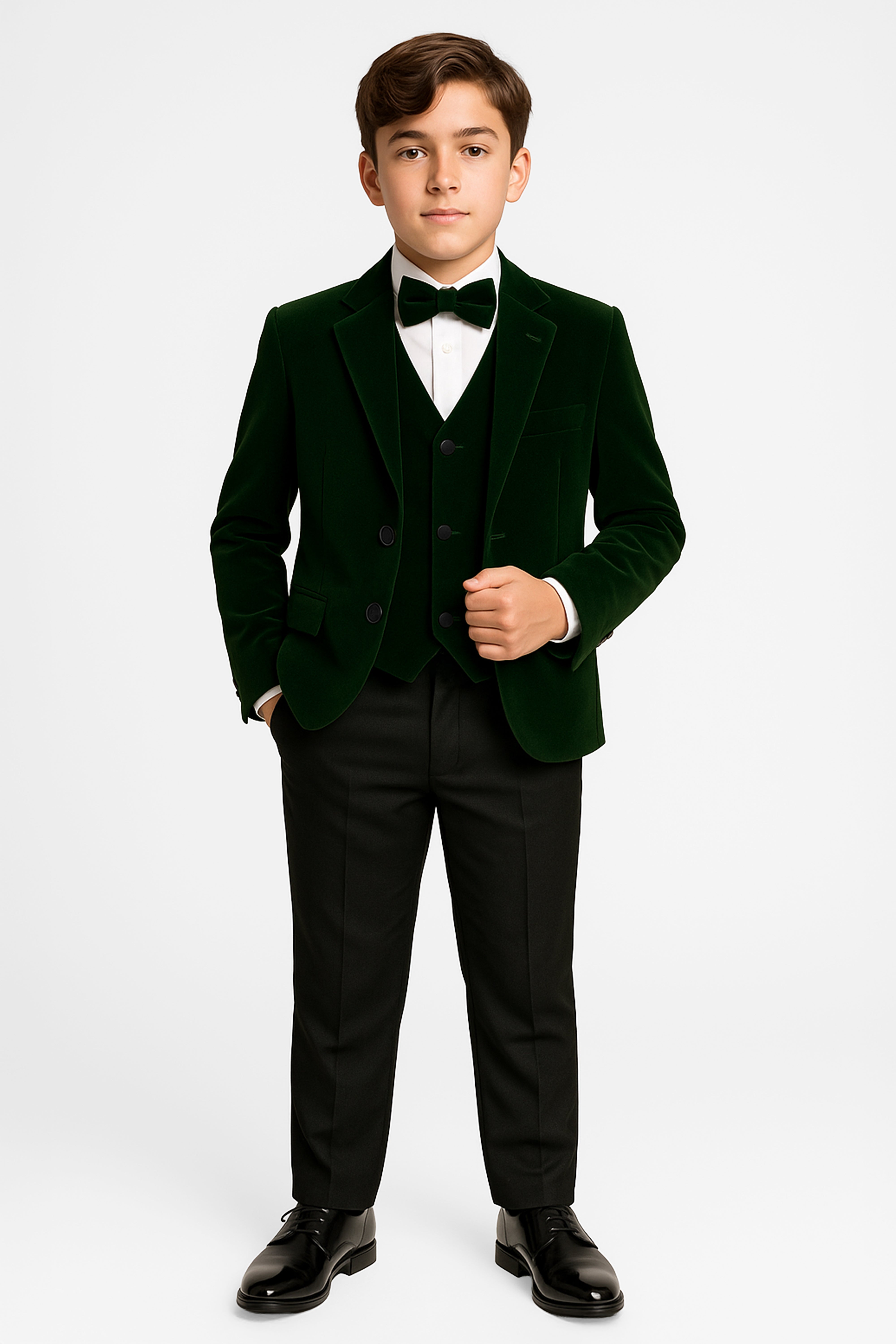 Boys Slim Fit Velvet Dinner Suit - 3-Piece & 5-Piece - SAVOY  - Green Model Picture