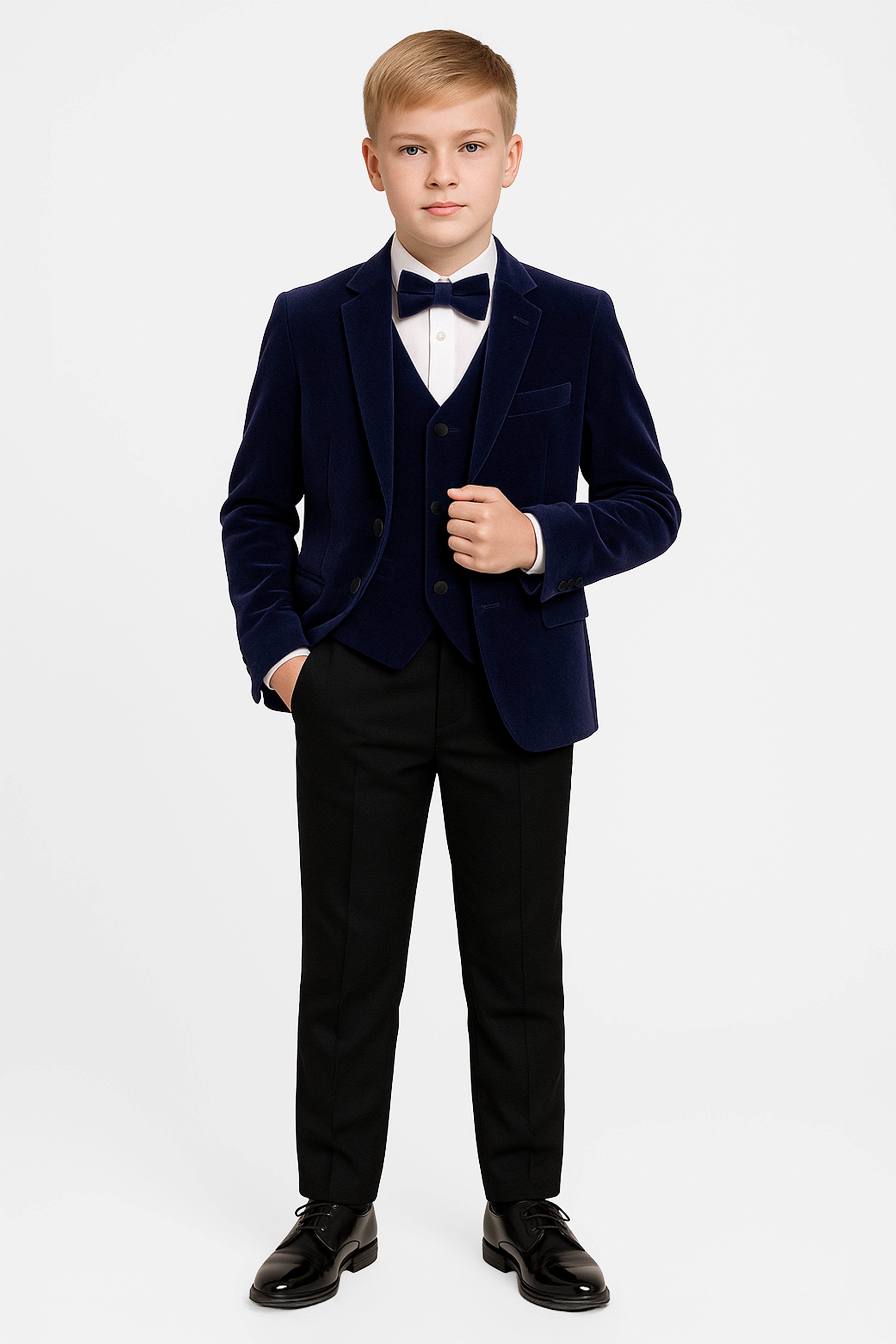 Boys Slim Fit Velvet Dinner Suit - 3-Piece & 5-Piece - SAVOY  - Navy Blue Model Picture