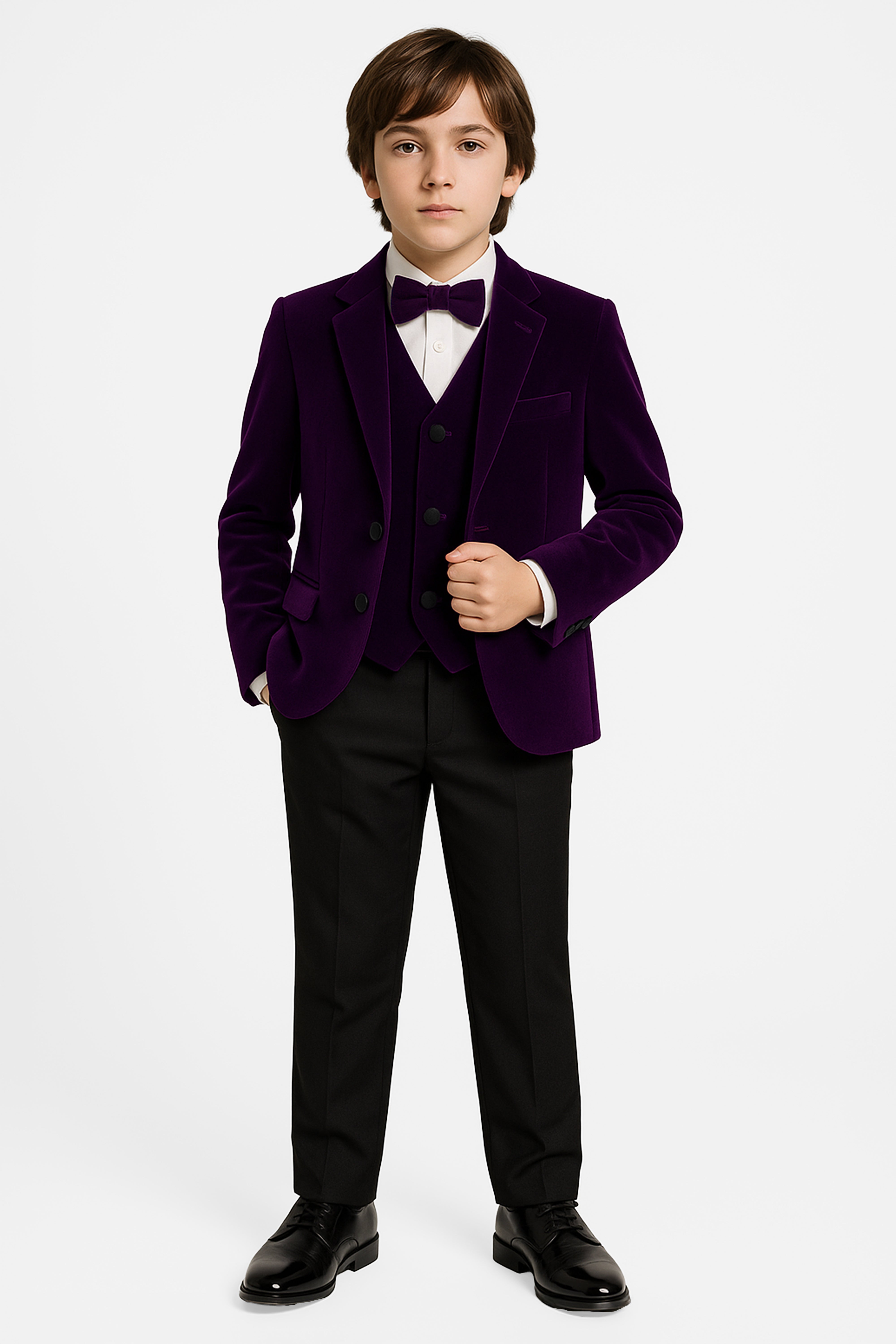 Boys Slim Fit Velvet Dinner Suit - 3-Piece & 5-Piece - SAVOY  - Purple Model Picture