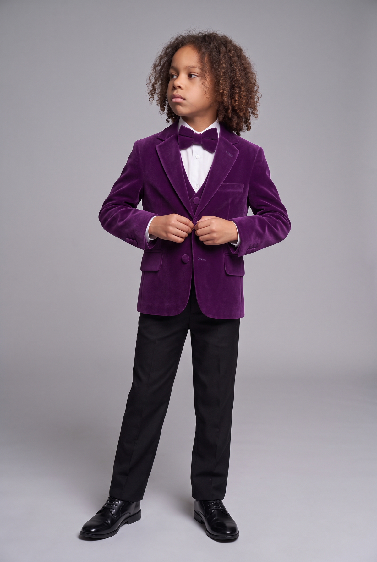 Boys Slim Fit Velvet Dinner Suit - 3-Piece & 5-Piece - SAVOY  - Purple model picture