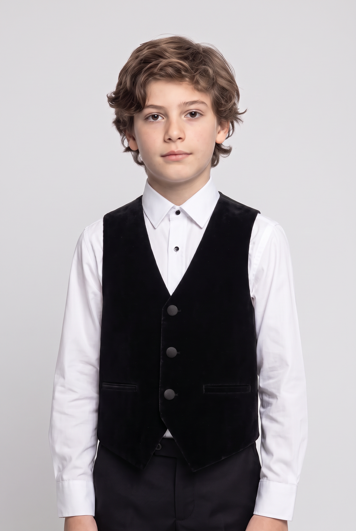 Boys Slim Fit Velvet Dinner Suit - 4-Piece & 5-Piece - SAVOY - Black Model Waistcoat Picture