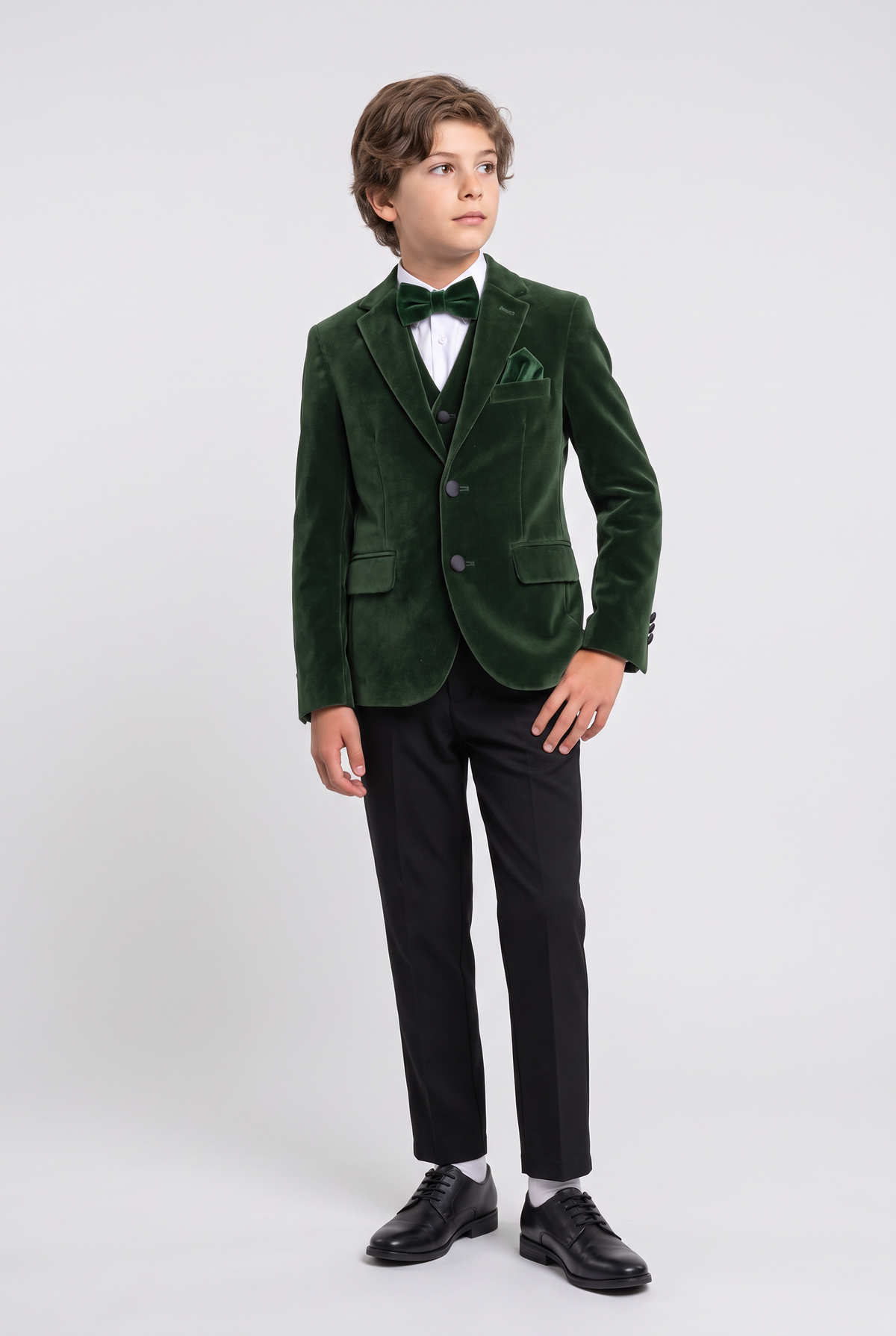 Boys Slim Fit Velvet Dinner Suit - 4-Piece & 5-Piece - SAVOY - Green Front Picture