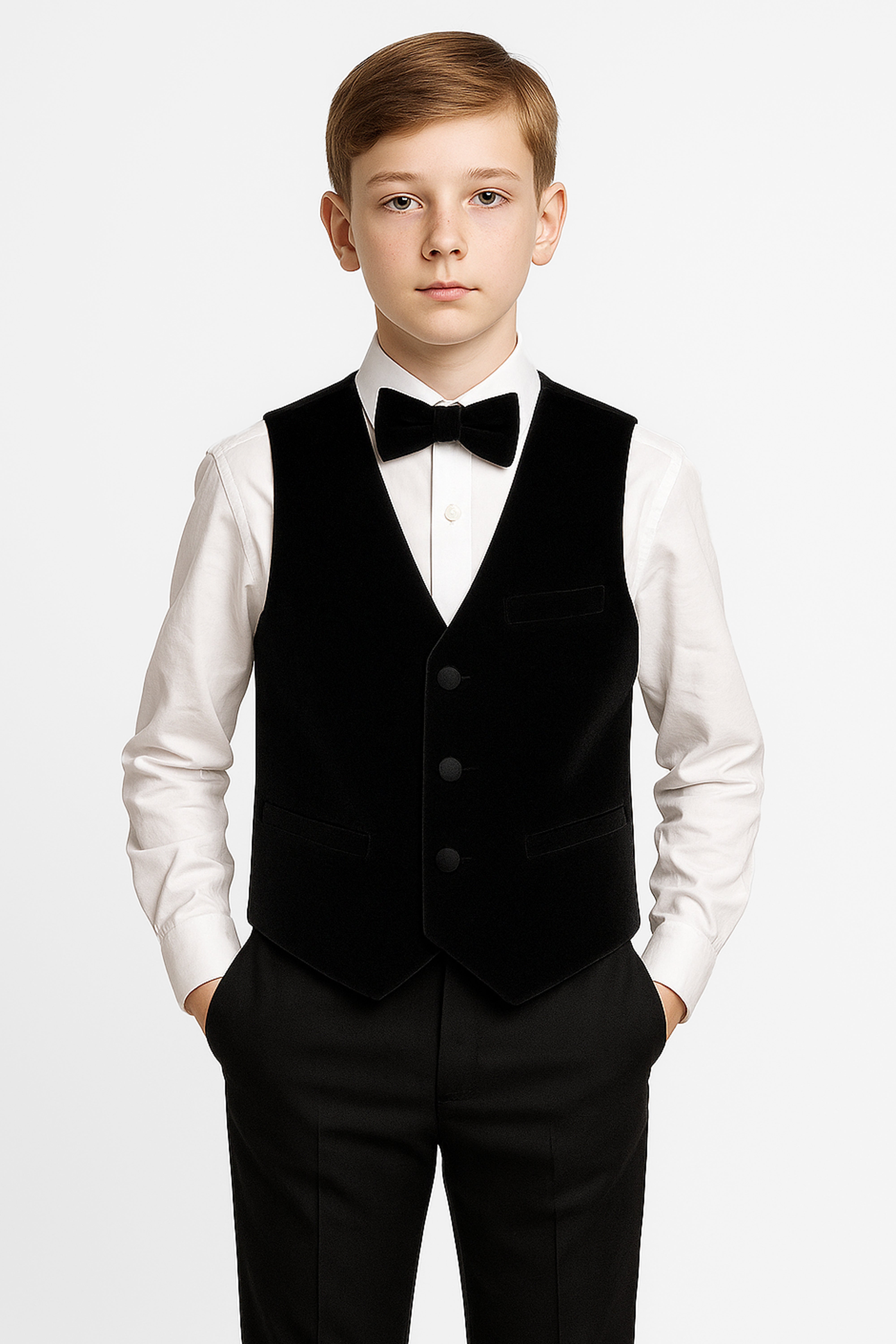 Boys Slim Fit Velvet Waistcoat Set - SAVOY - Black Front Picture