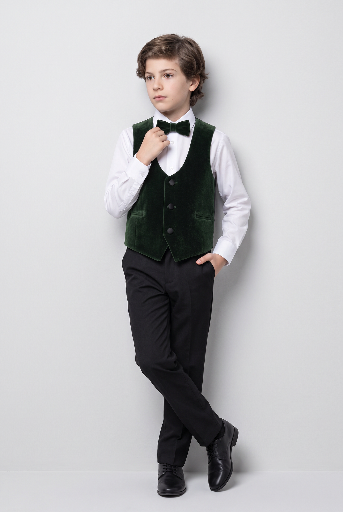 Boys Slim Fit Velvet Waistcoat Set - SAVOY - Green Model Front Picture
