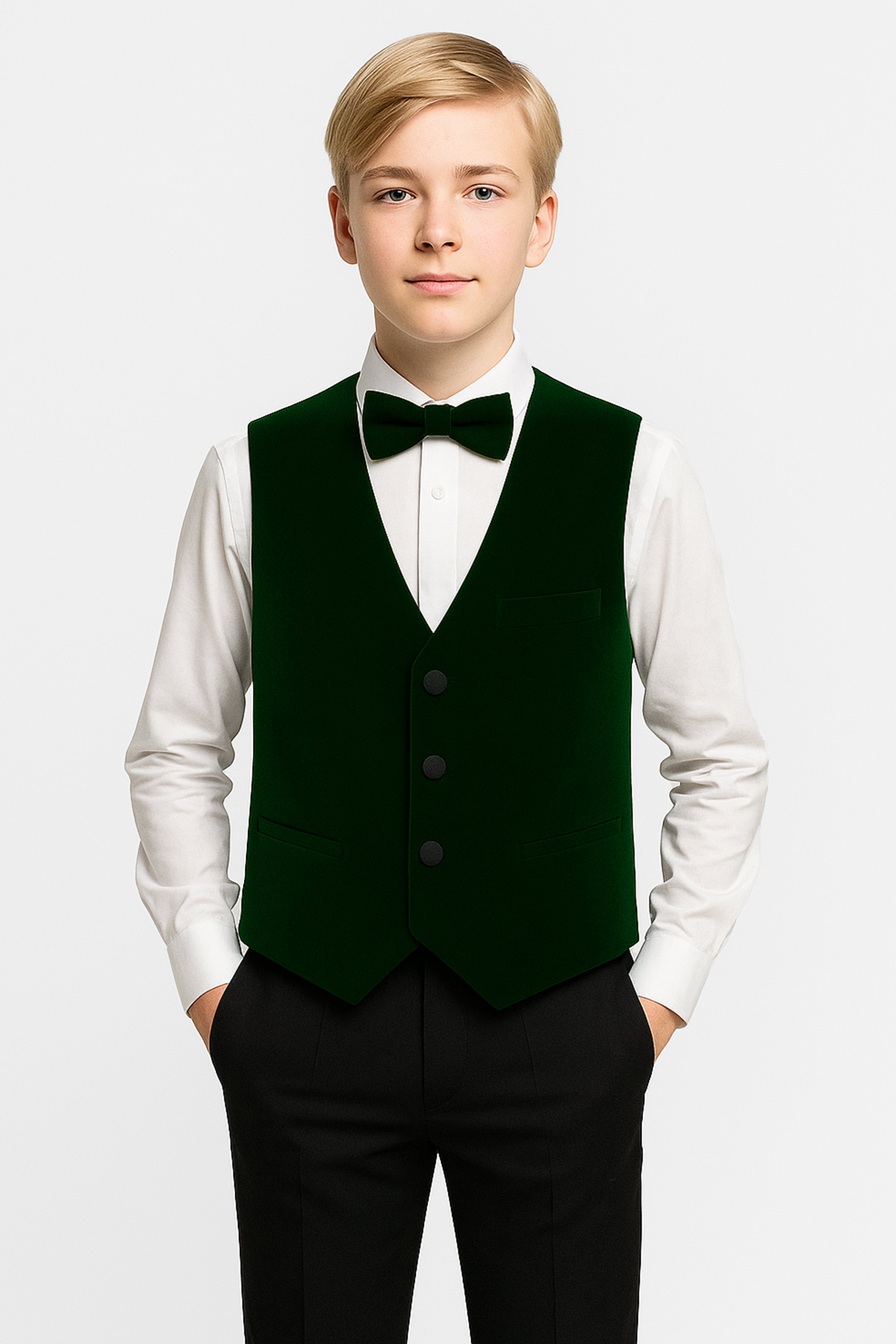 Boys Slim Fit Velvet Waistcoat Set - SAVOY - Green Model Picture