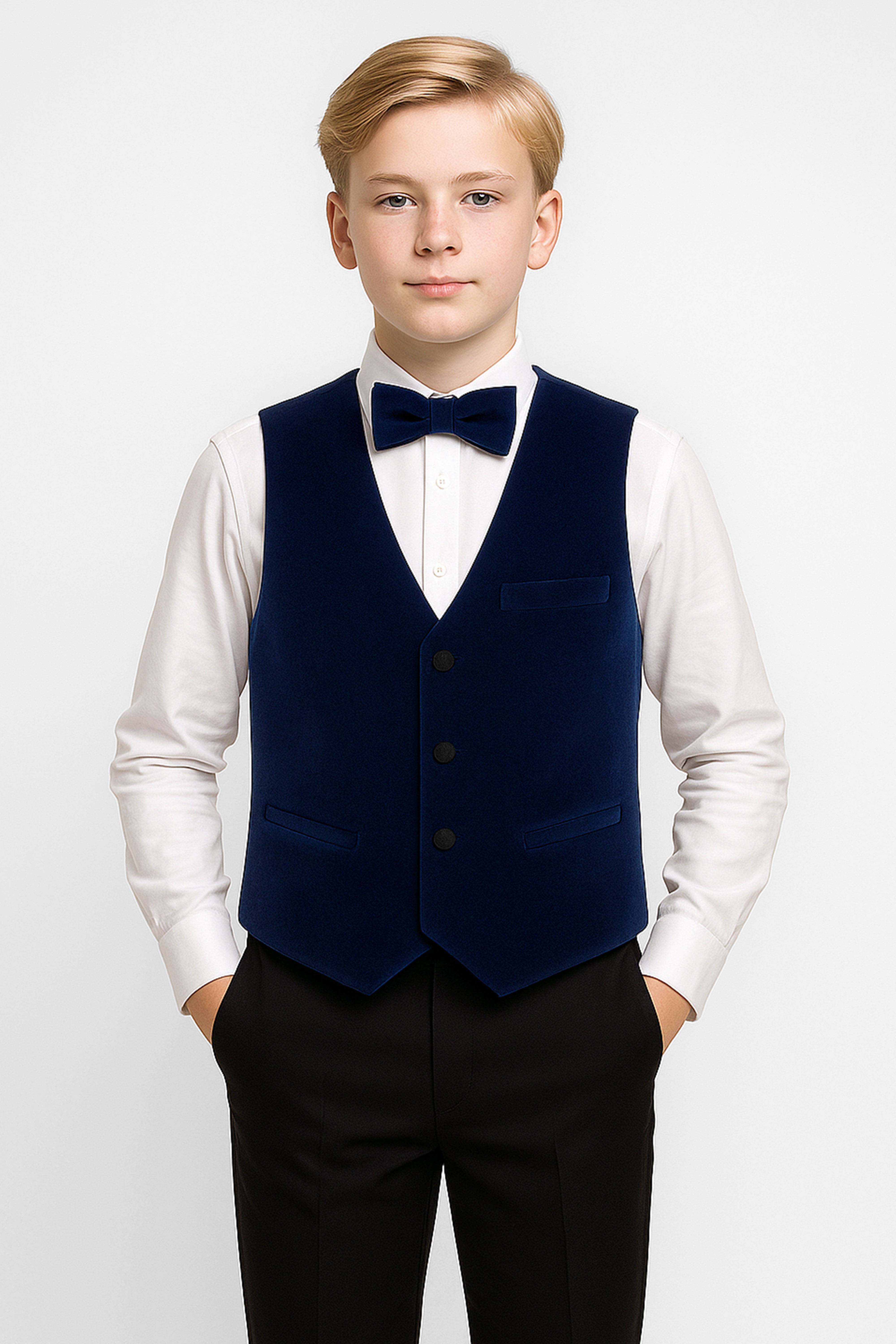 Boys Slim Fit Velvet Waistcoat Set - SAVOY - Navy Blue Model Front Picture