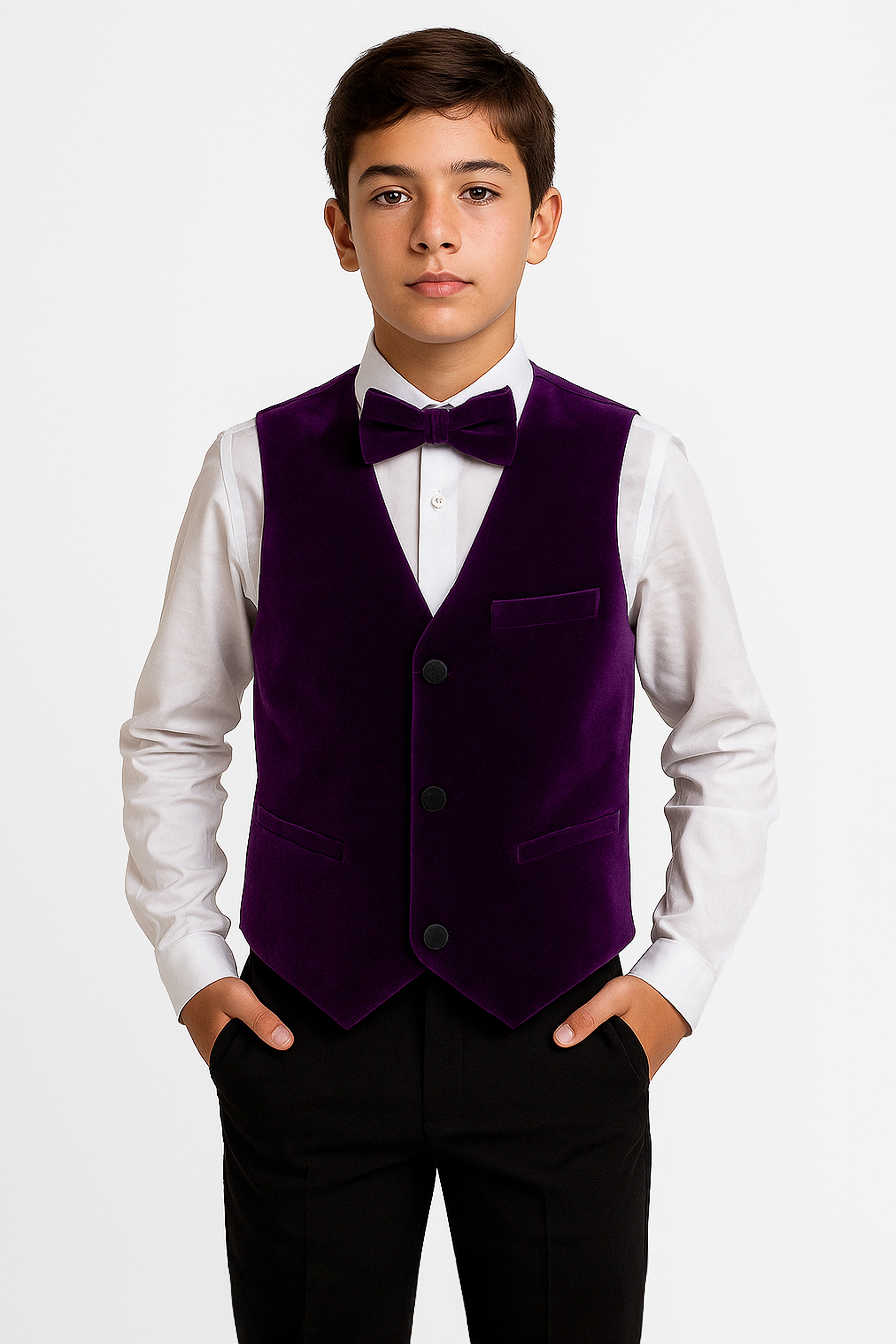 Boys Slim Fit Velvet Waistcoat Set - SAVOY - Purple Model Picture