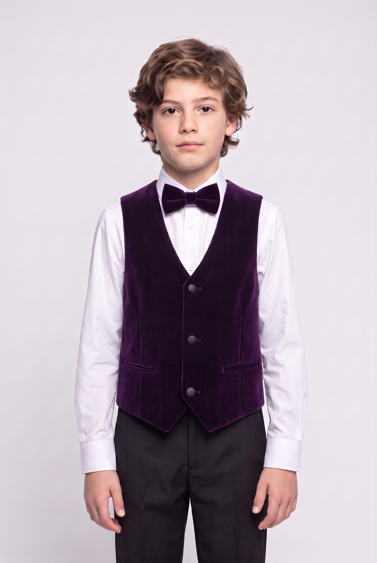 Boys Slim Fit Velvet Waistcoat Set - SAVOY - Purple model picture